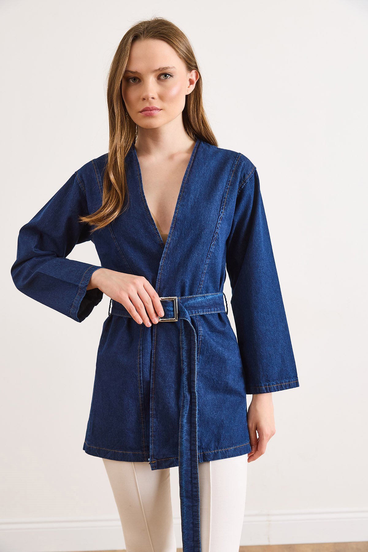 Kuşaklı Mevsimlik Denim Ceket Koyu Mavi