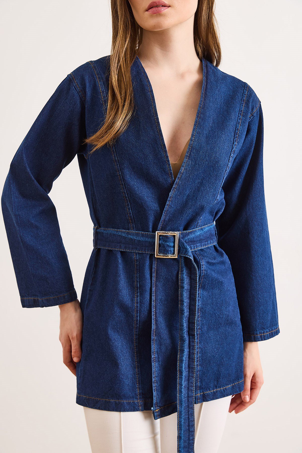 Kuşaklı Mevsimlik Denim Ceket Koyu Mavi