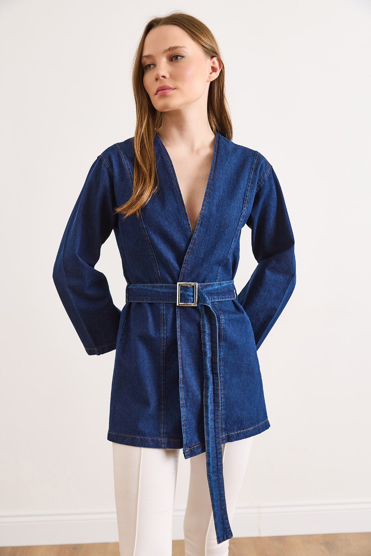 Kuşaklı Mevsimlik Denim Ceket Koyu Mavi