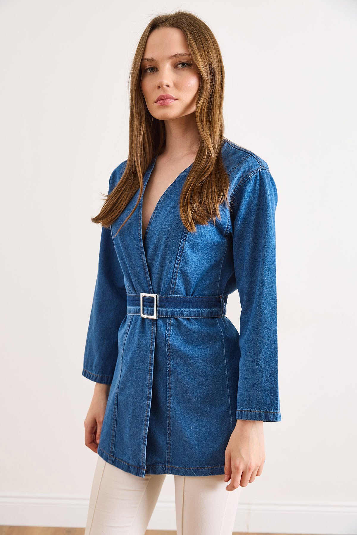 Kuşaklı Mevsimlik Denim Ceket Orta Mavi