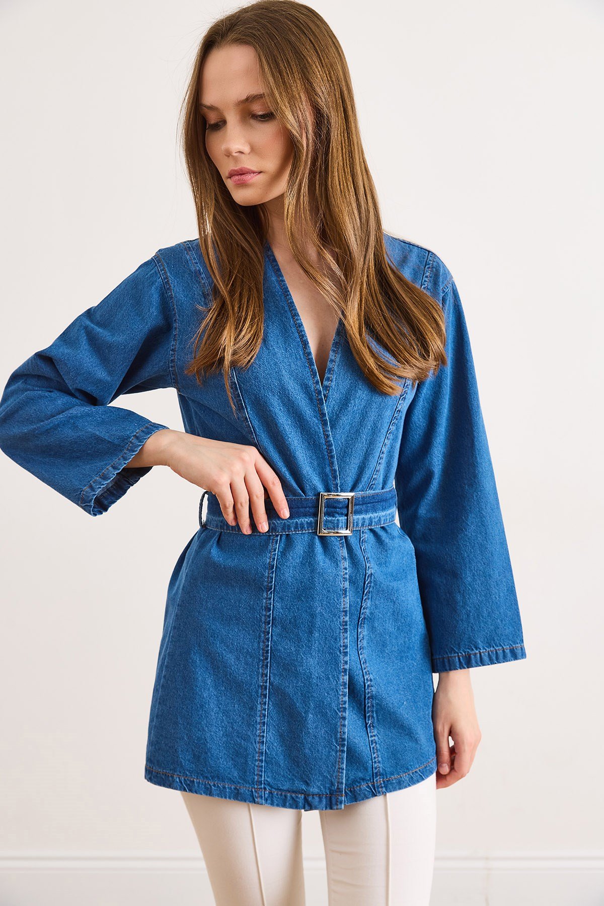 Kuşaklı Mevsimlik Denim Ceket Orta Mavi