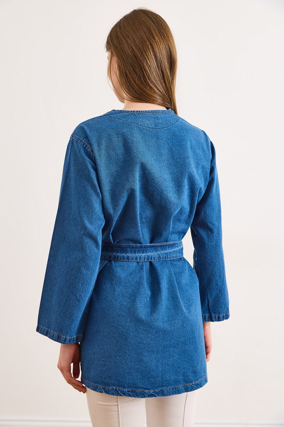 Kuşaklı Mevsimlik Denim Ceket Orta Mavi