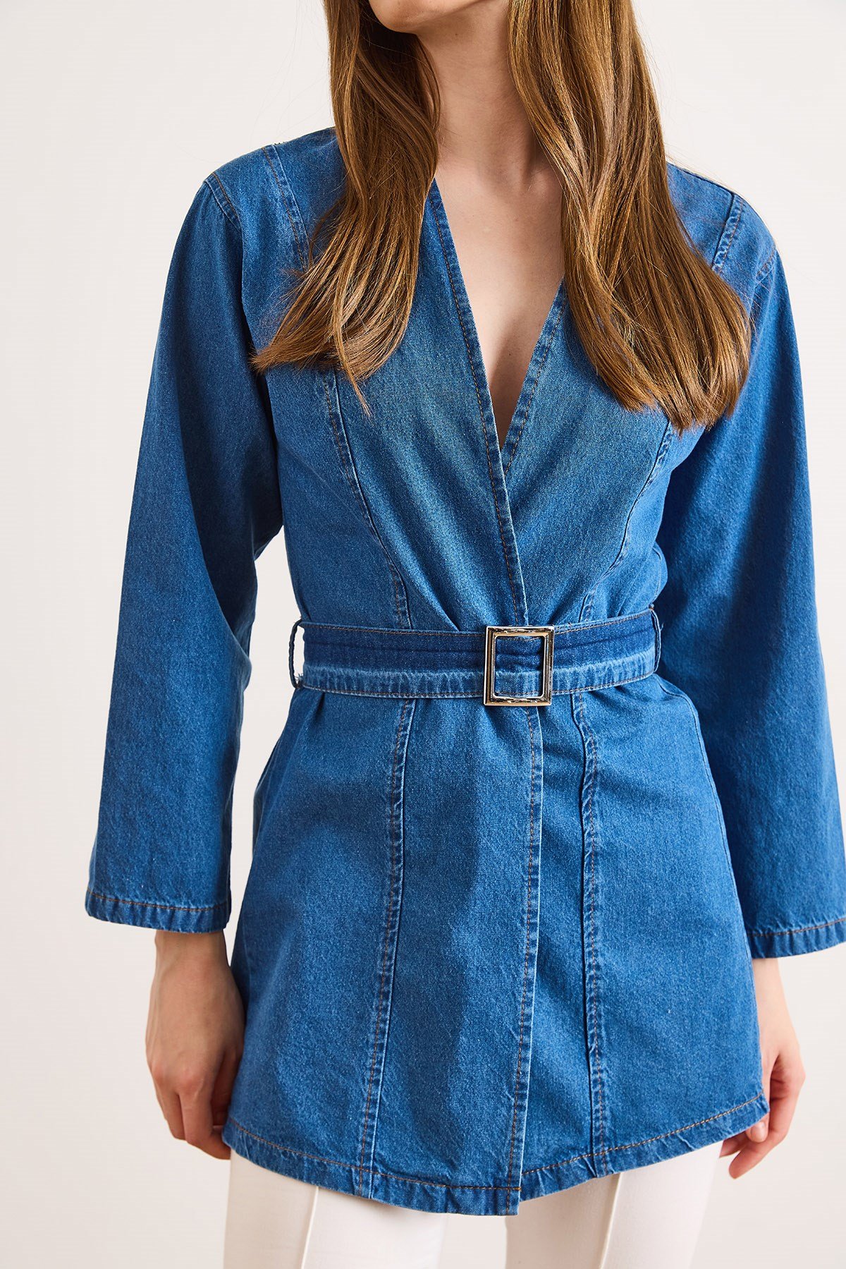 Kuşaklı Mevsimlik Denim Ceket Orta Mavi