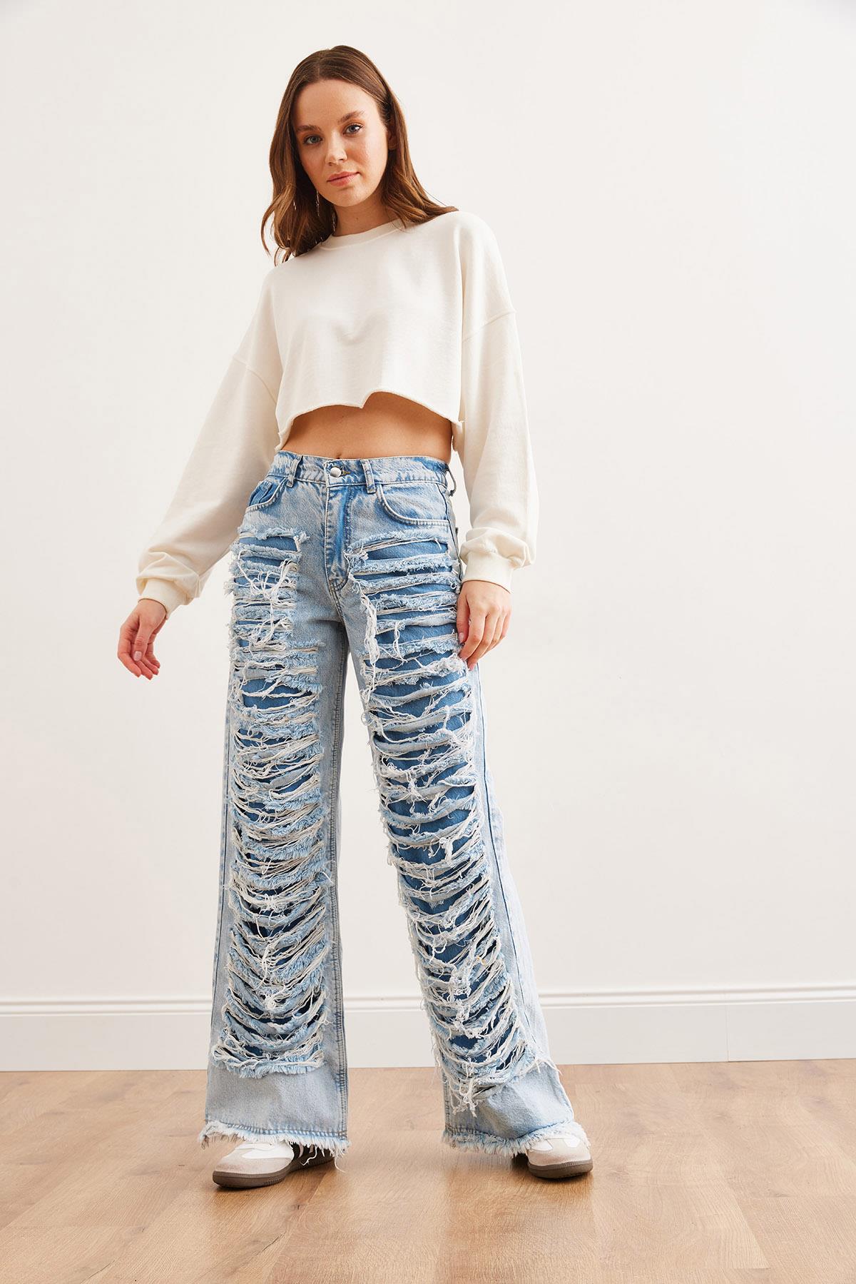 Lazer Detaylı Cepli Sırtı Lastikli Wide Leg Denim Jean Mavi