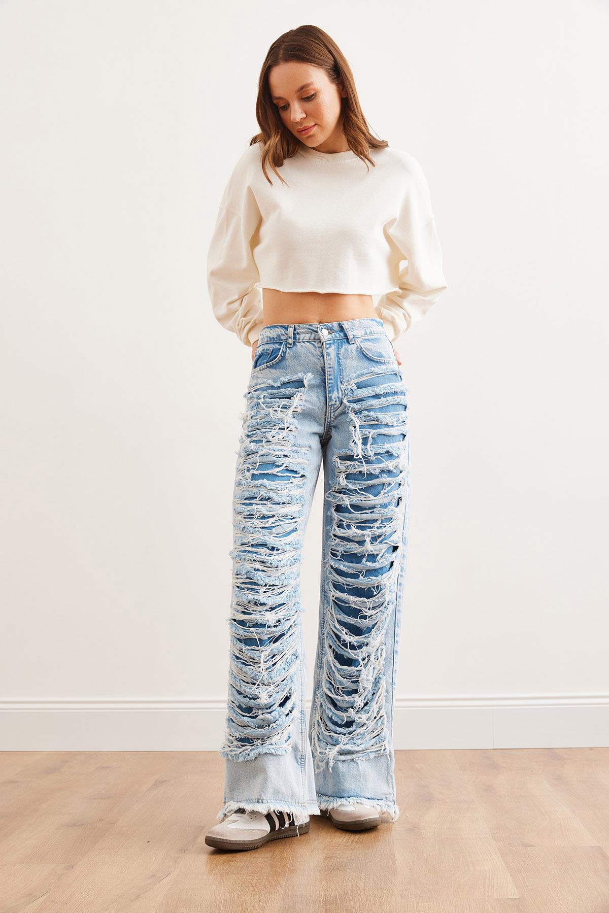 Lazer Detaylı Cepli Sırtı Lastikli Wide Leg Denim Jean Mavi