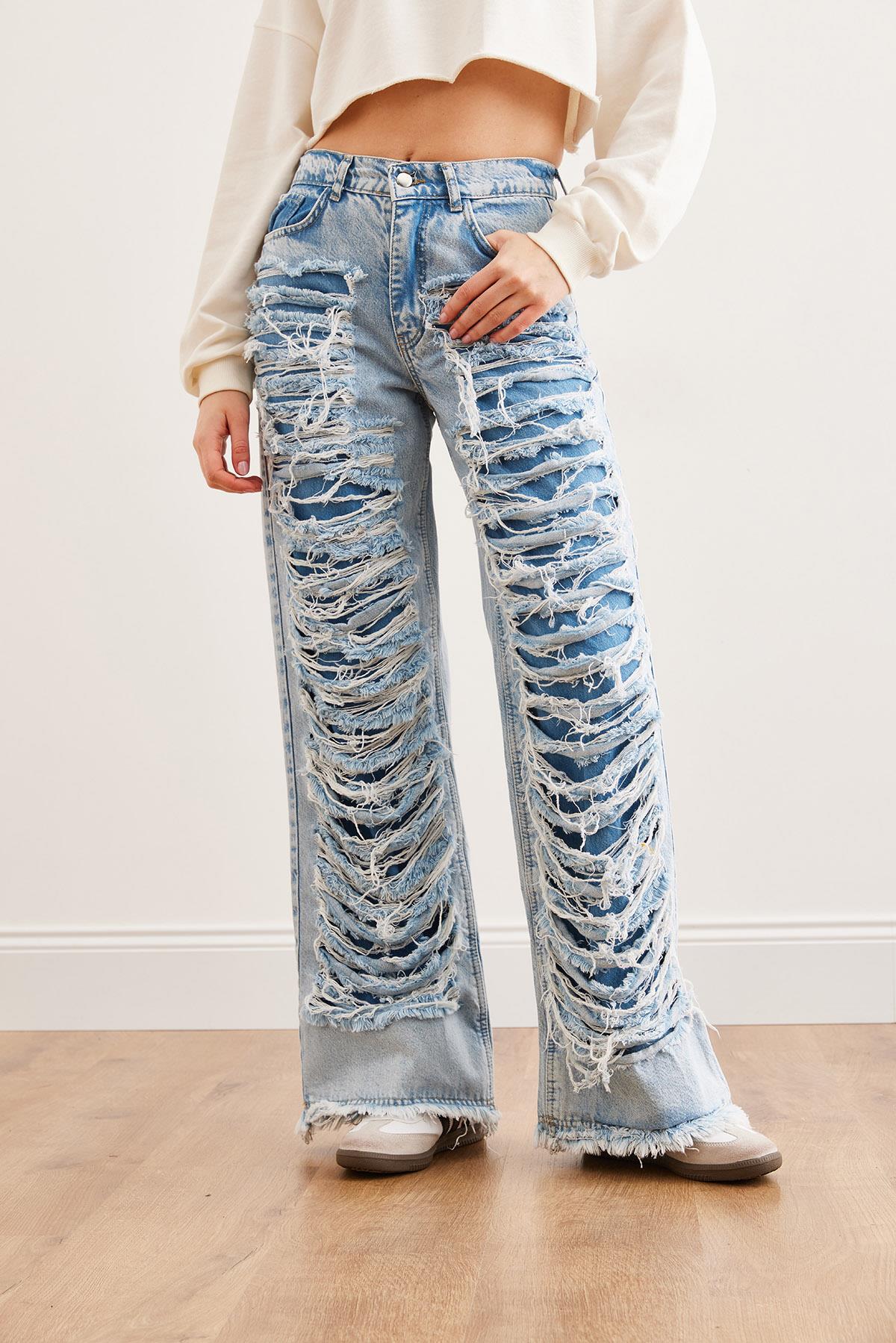 Lazer Detaylı Cepli Sırtı Lastikli Wide Leg Denim Jean Mavi