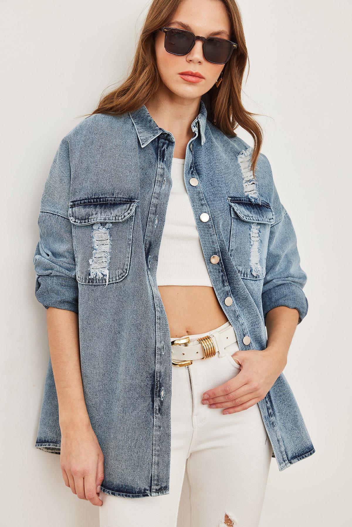 Lazer Kesim Cepli Sırtı Aplike Detaylı Denim Gömlek Ceket Koyu Mavi