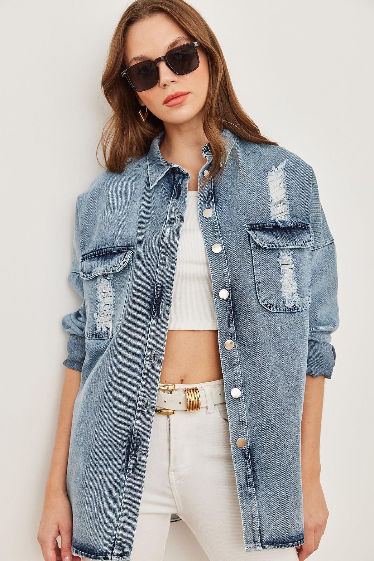 Lazer Kesim Cepli Sırtı Aplike Detaylı Denim Gömlek Ceket Koyu Mavi