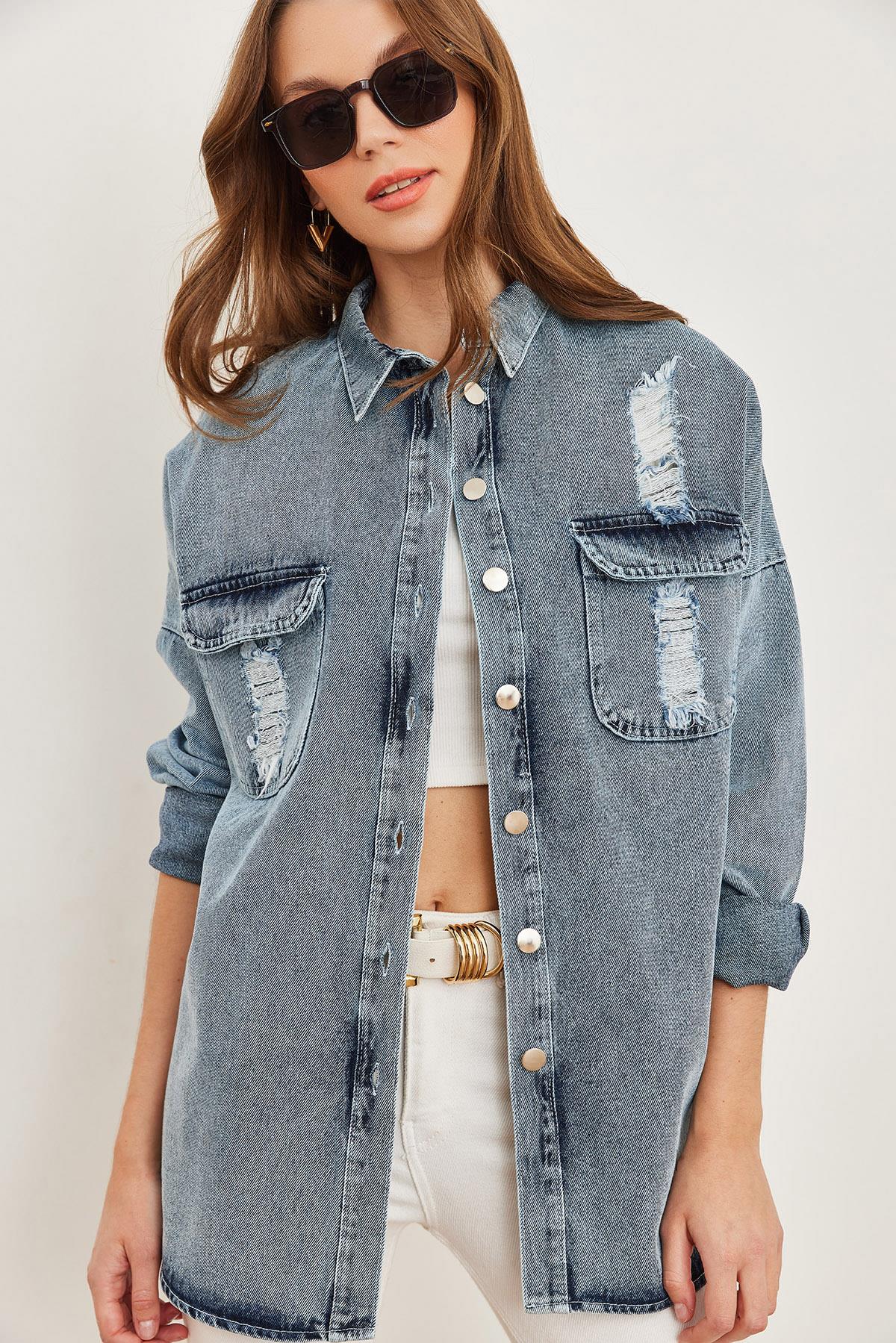 Lazer Kesim Cepli Sırtı Aplike Detaylı Denim Gömlek Ceket Koyu Mavi