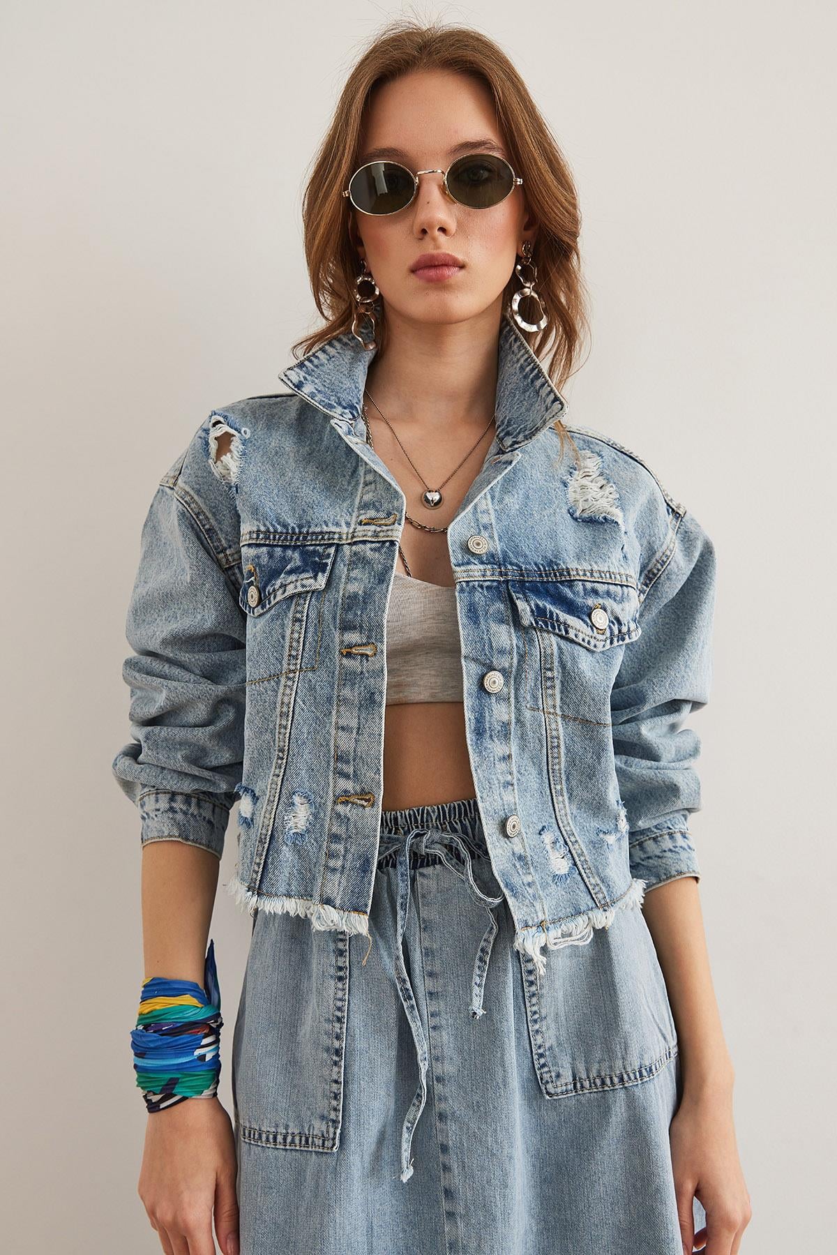 Lazer Yırtıklı Denim Ceket Mavi