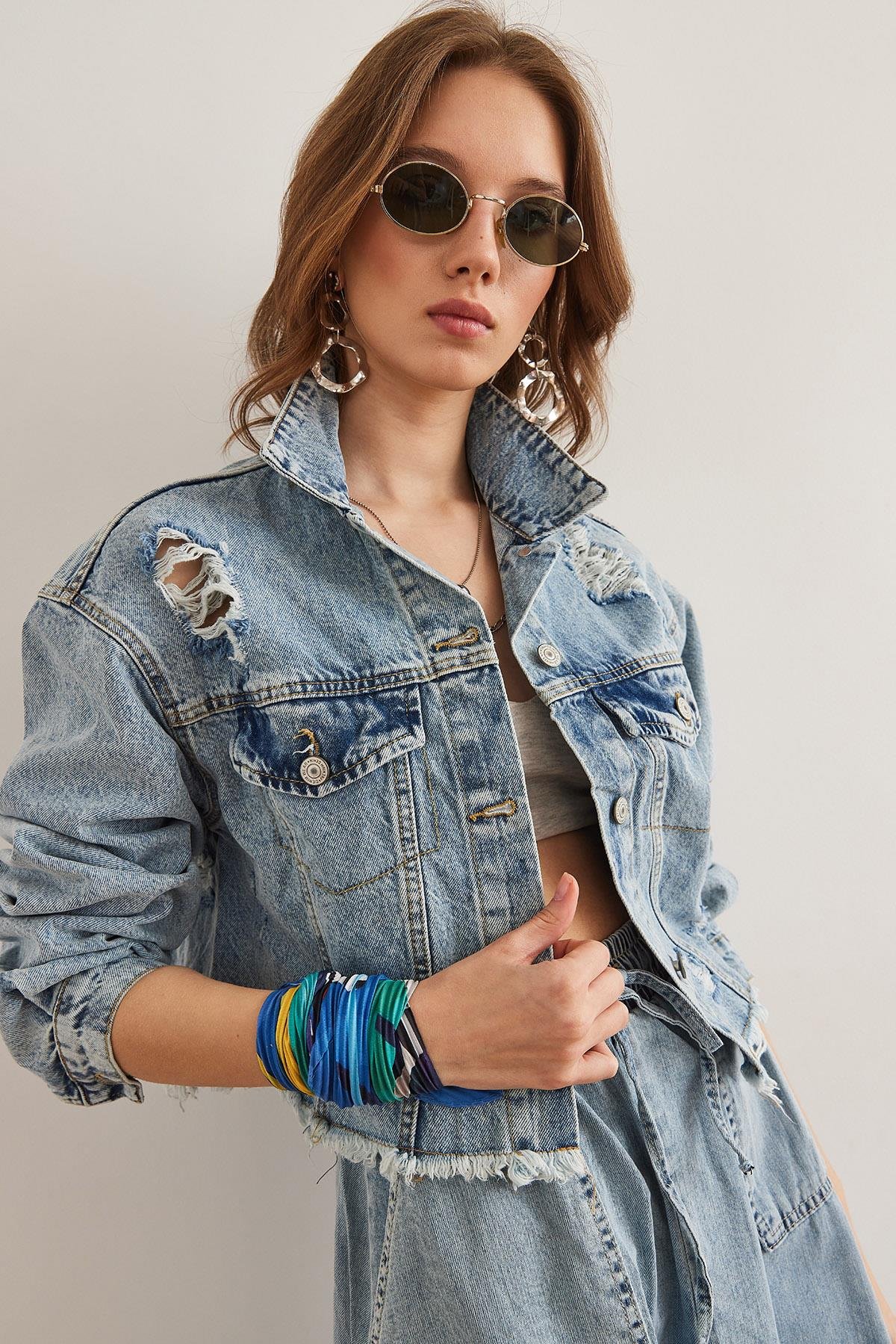Lazer Yırtıklı Denim Ceket Mavi