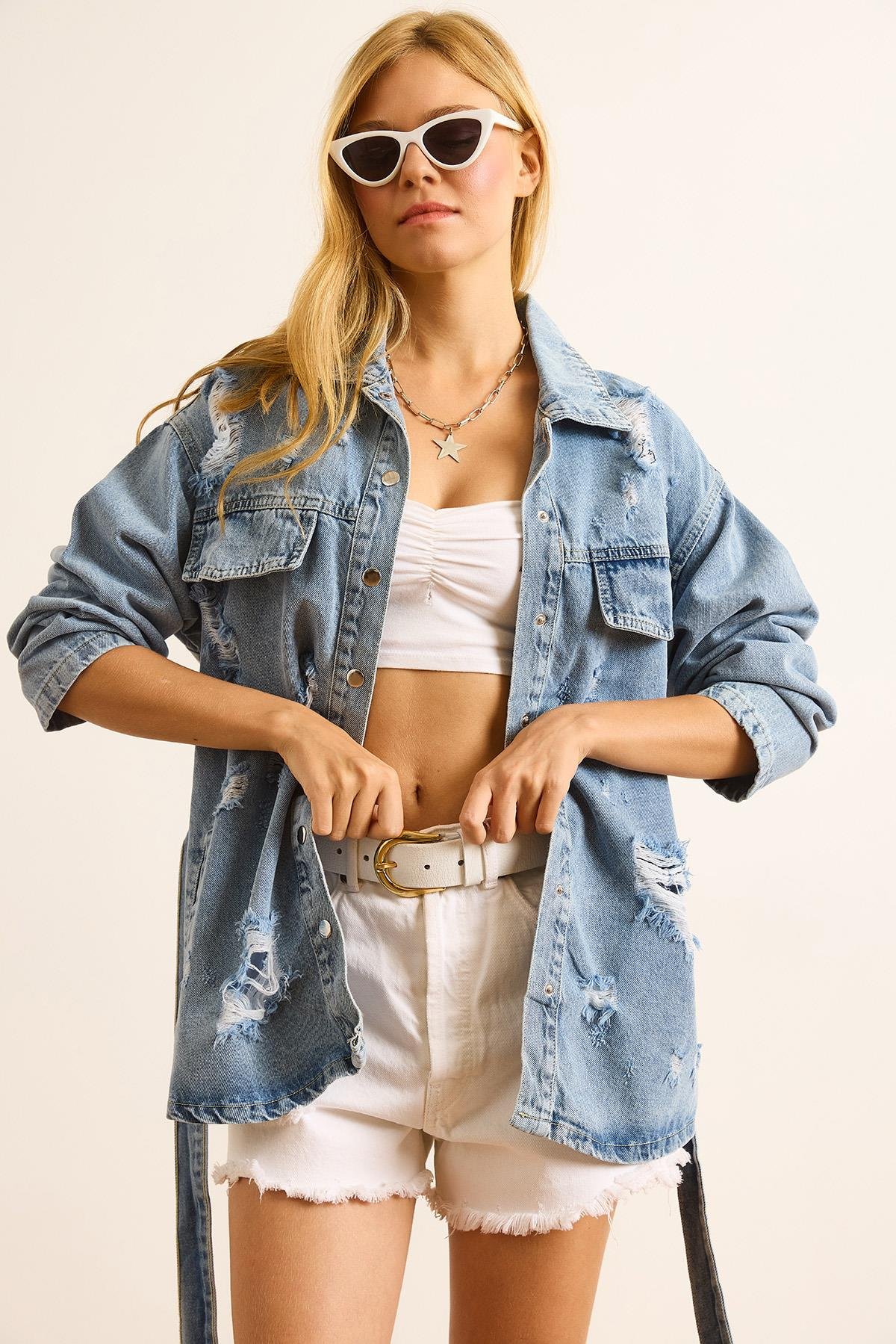 Lazer Yırtıklı Kuşaklı Denim Ceket Mavi