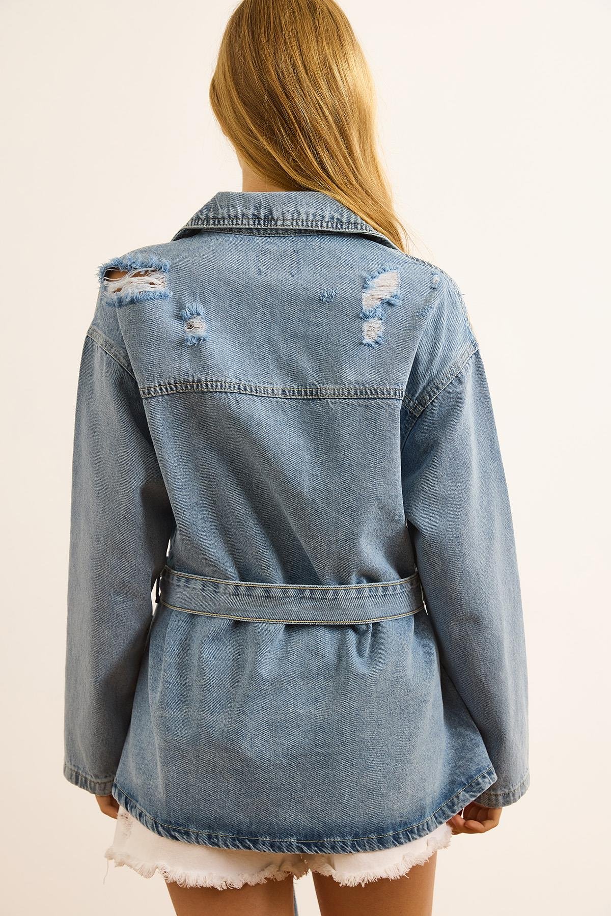 Lazer Yırtıklı Kuşaklı Denim Ceket Mavi