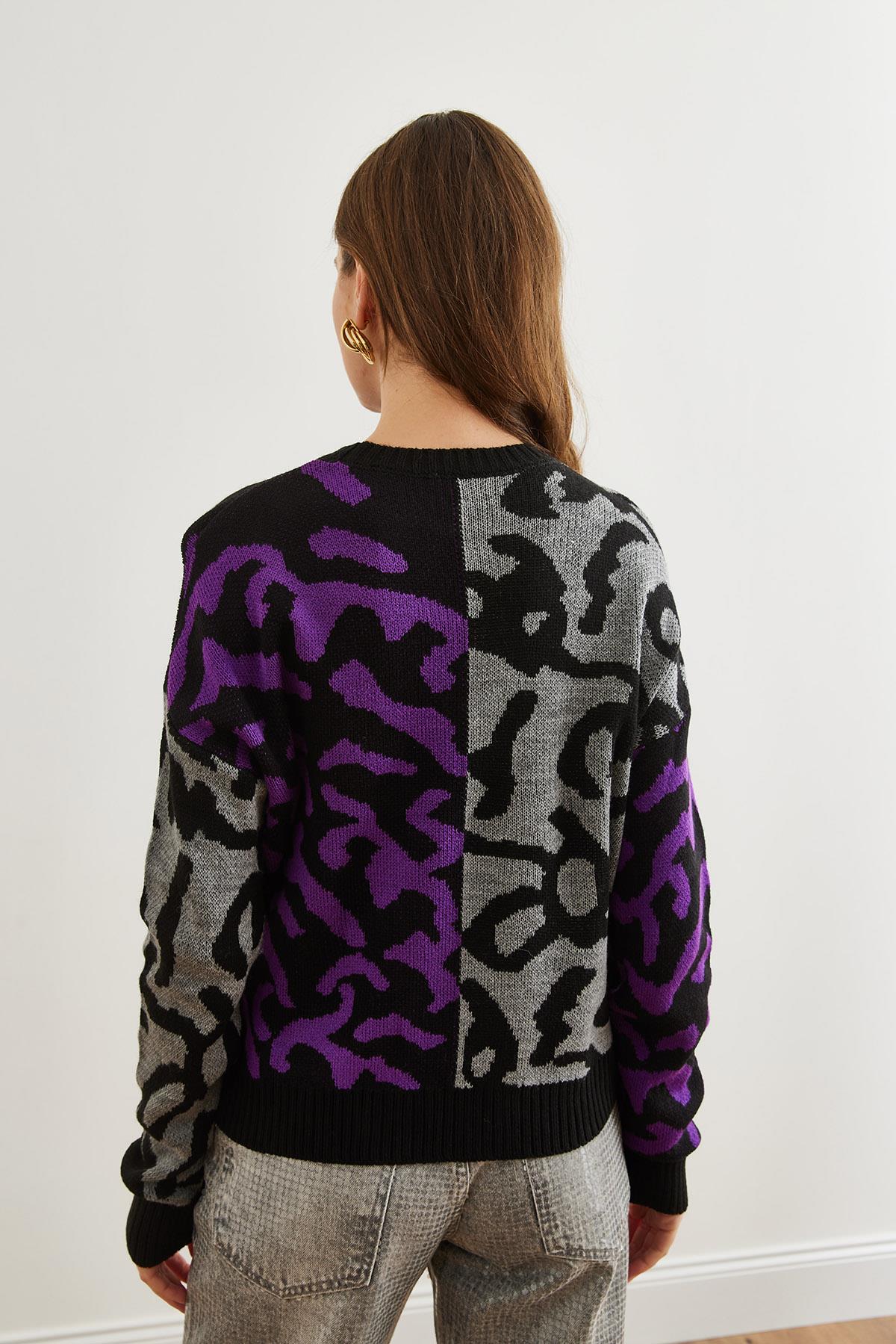 Leopar Bloklu Triko Kazak Mor