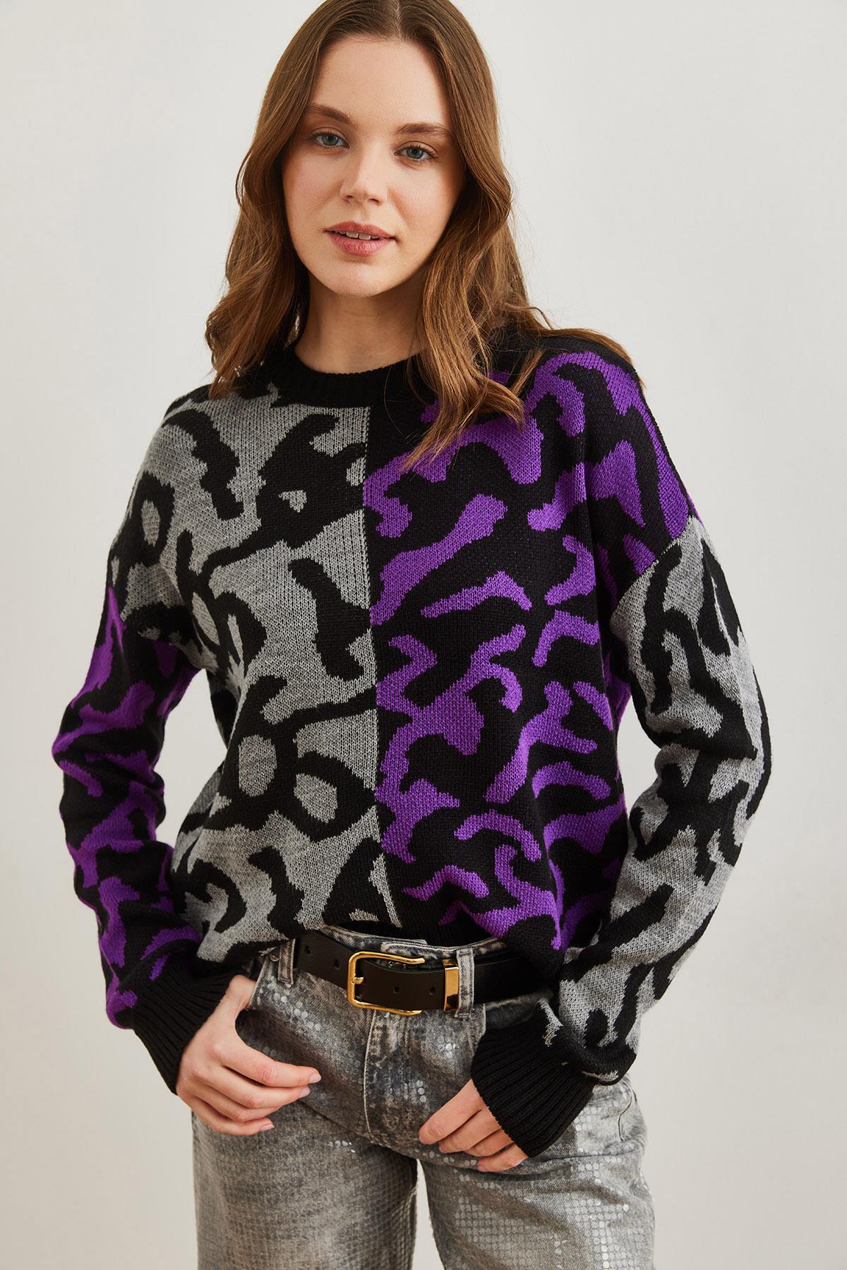 Leopar Bloklu Triko Kazak Mor