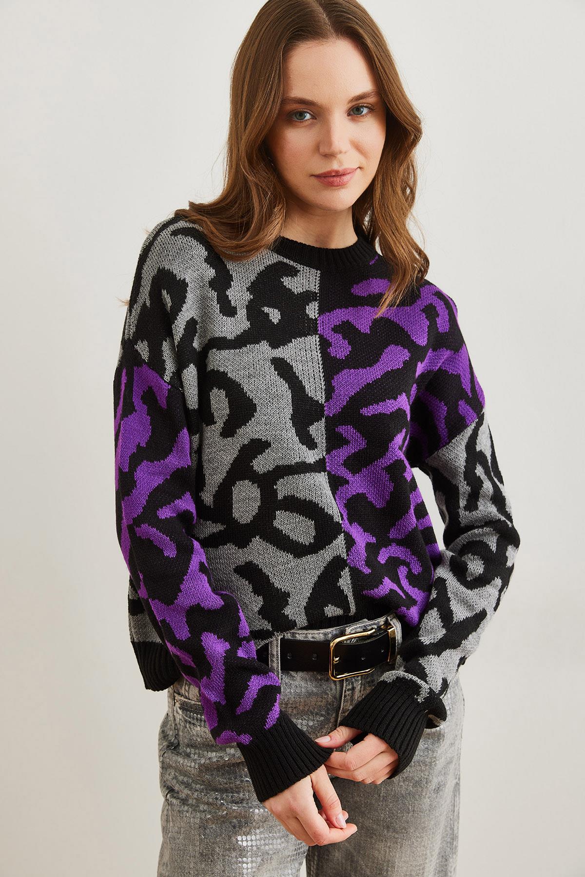Leopar Bloklu Triko Kazak Mor