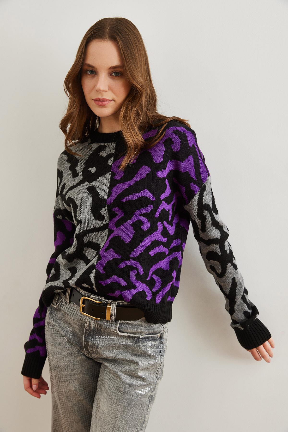 Leopar Bloklu Triko Kazak Mor
