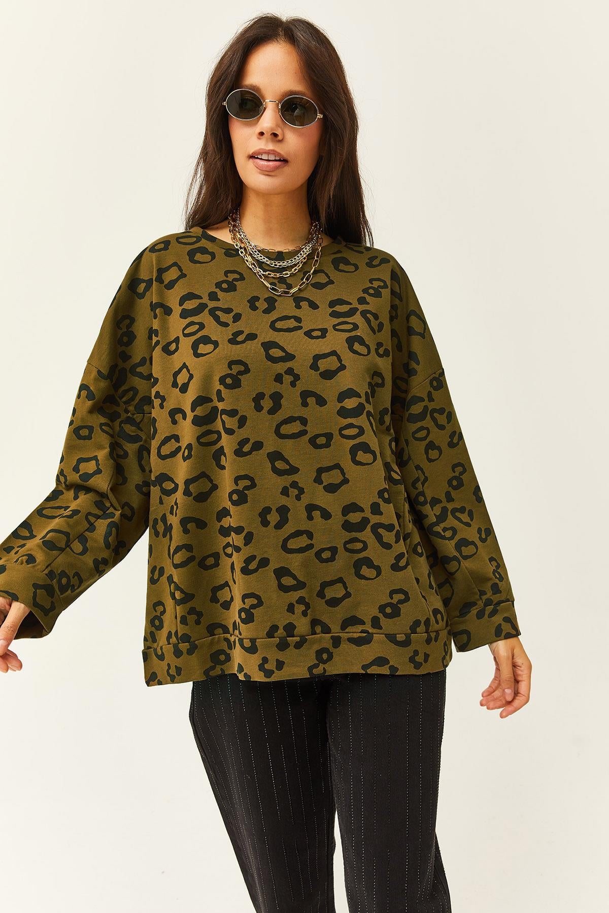 Leopar Desenli Oversize Sweatshirt Haki