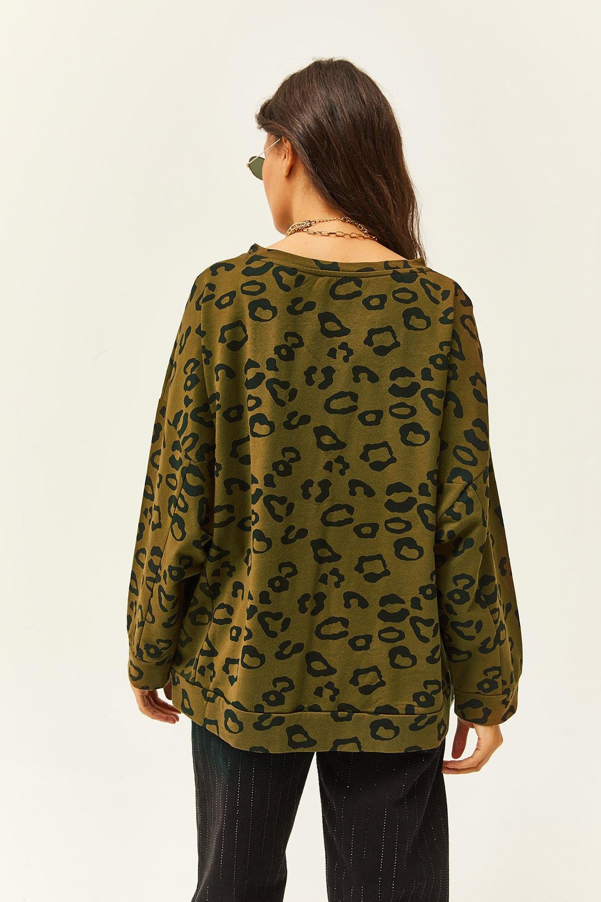 Leopar Desenli Oversize Sweatshirt Haki