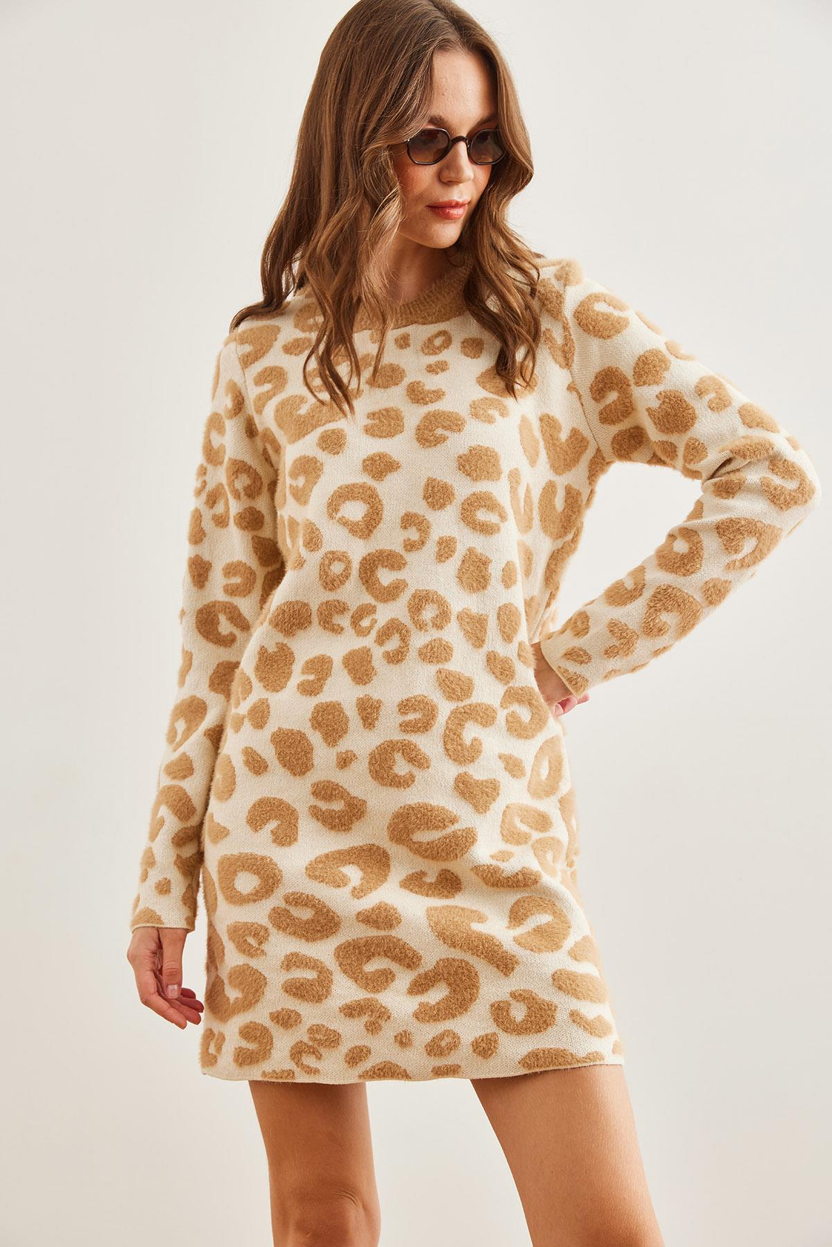 Leopar Desenli Sakallı Yumuşak Dokulu Triko Tunik Elbise Camel