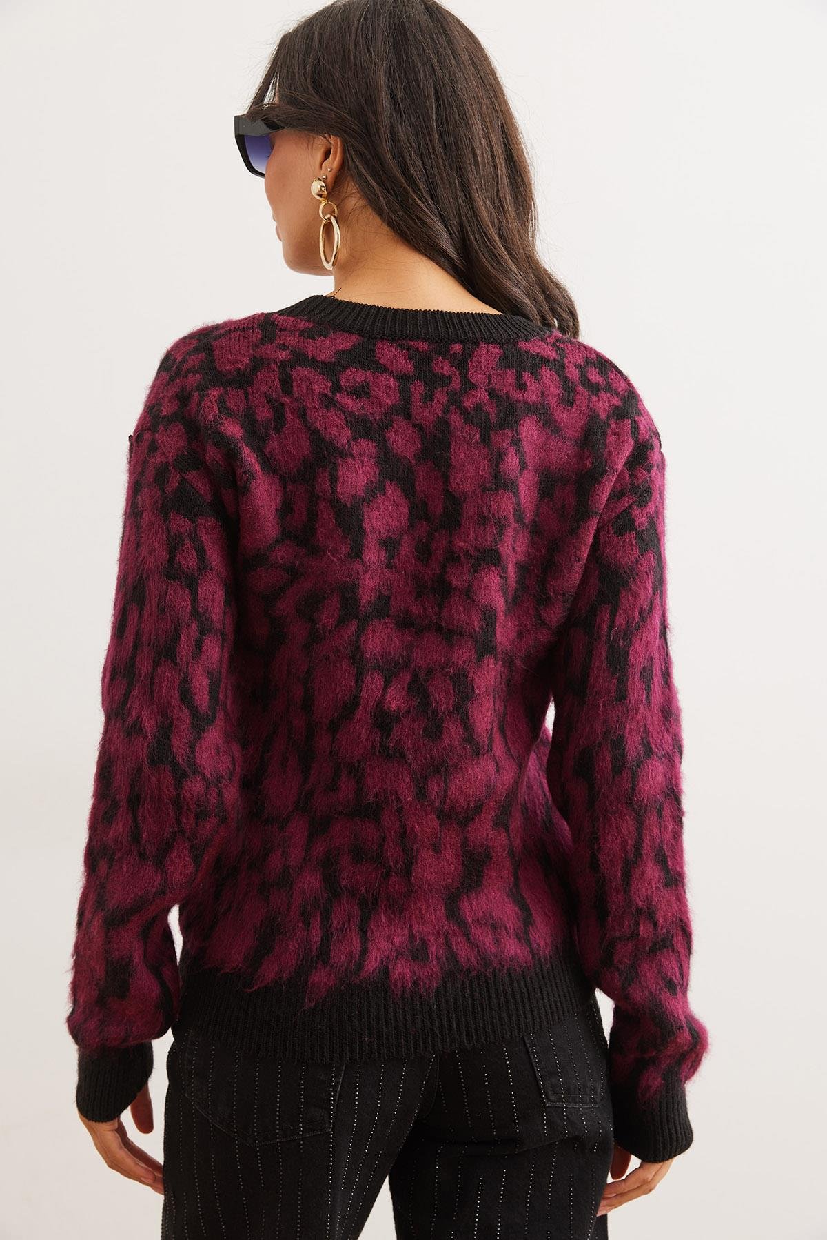 Leopar Desenli Şardonlu Triko Kazak Bordo