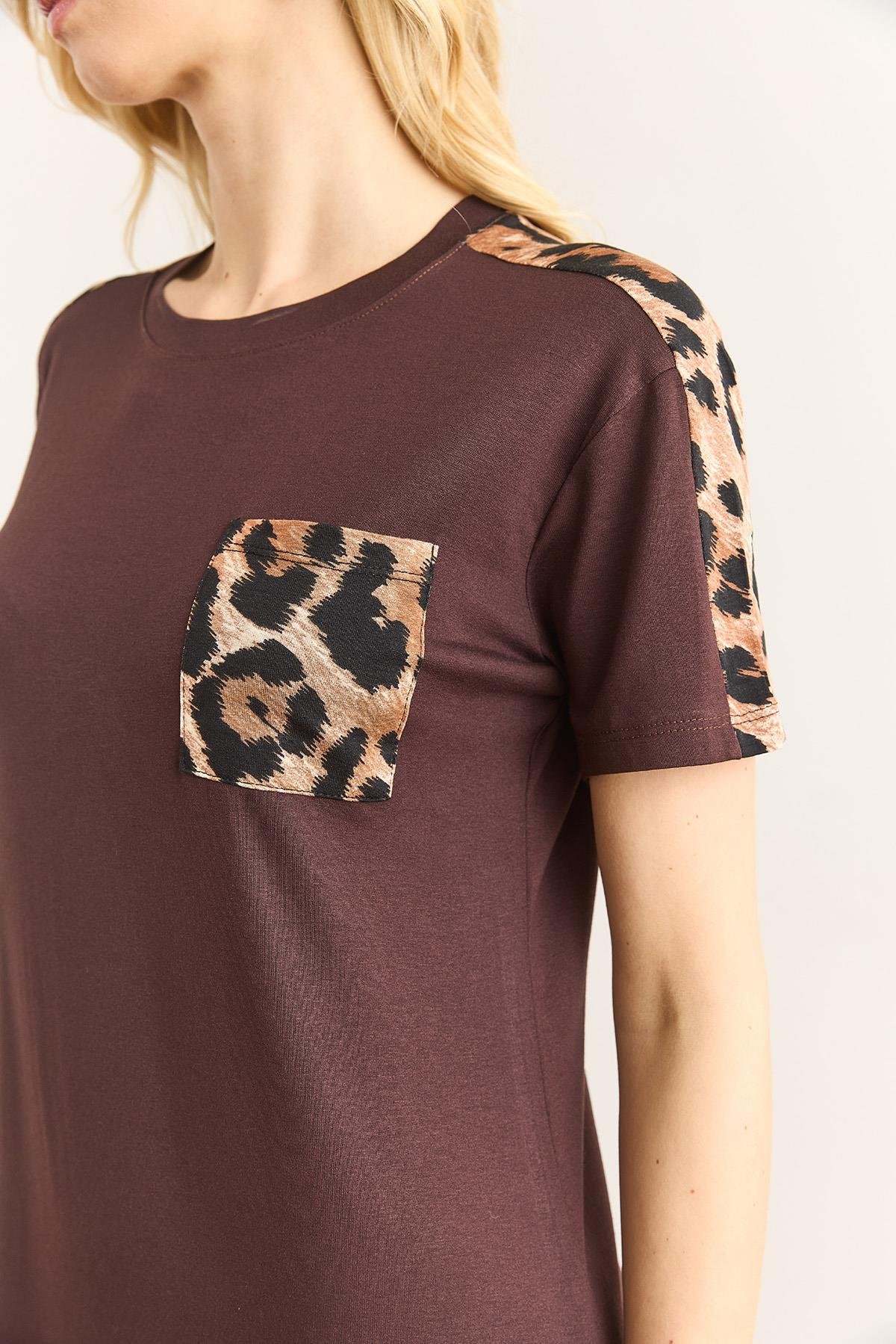 Leopar Garnili Bisiklet Yaka Elbise Kahverengi