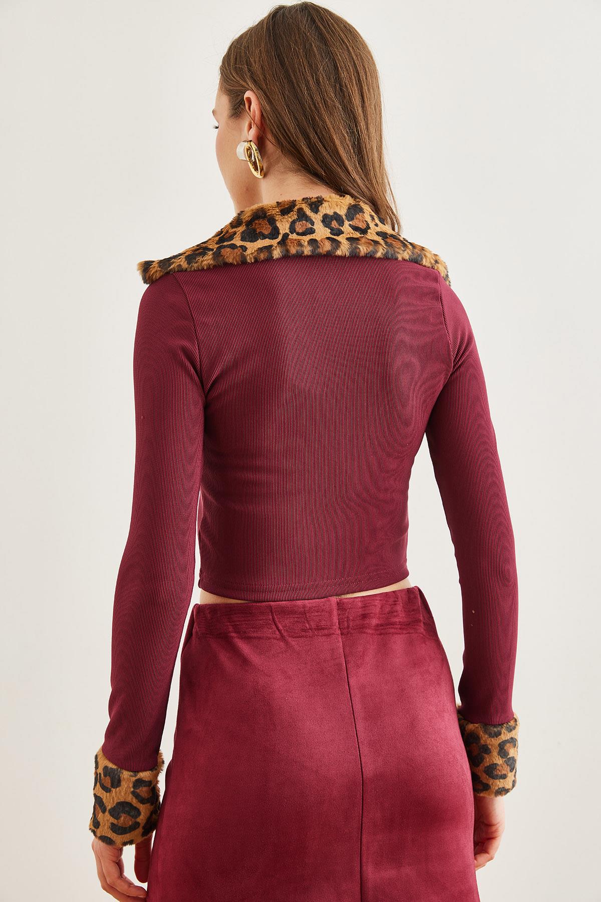 Leopar Garnili Çift Fermuarlı Crop Fitilli Bluz Bordo
