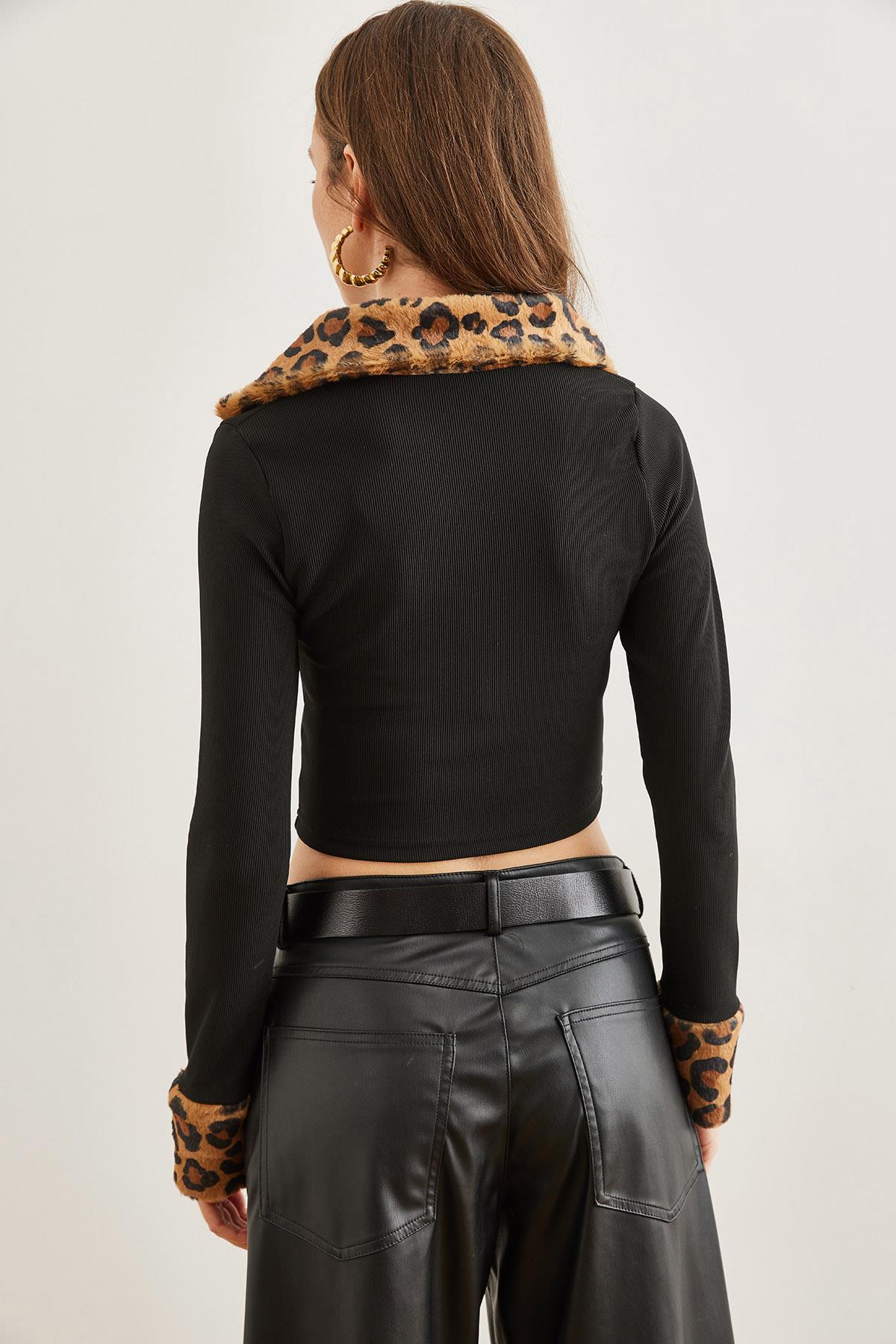 Leopar Garnili Çift Fermuarlı Crop Fitilli Bluz Siyah