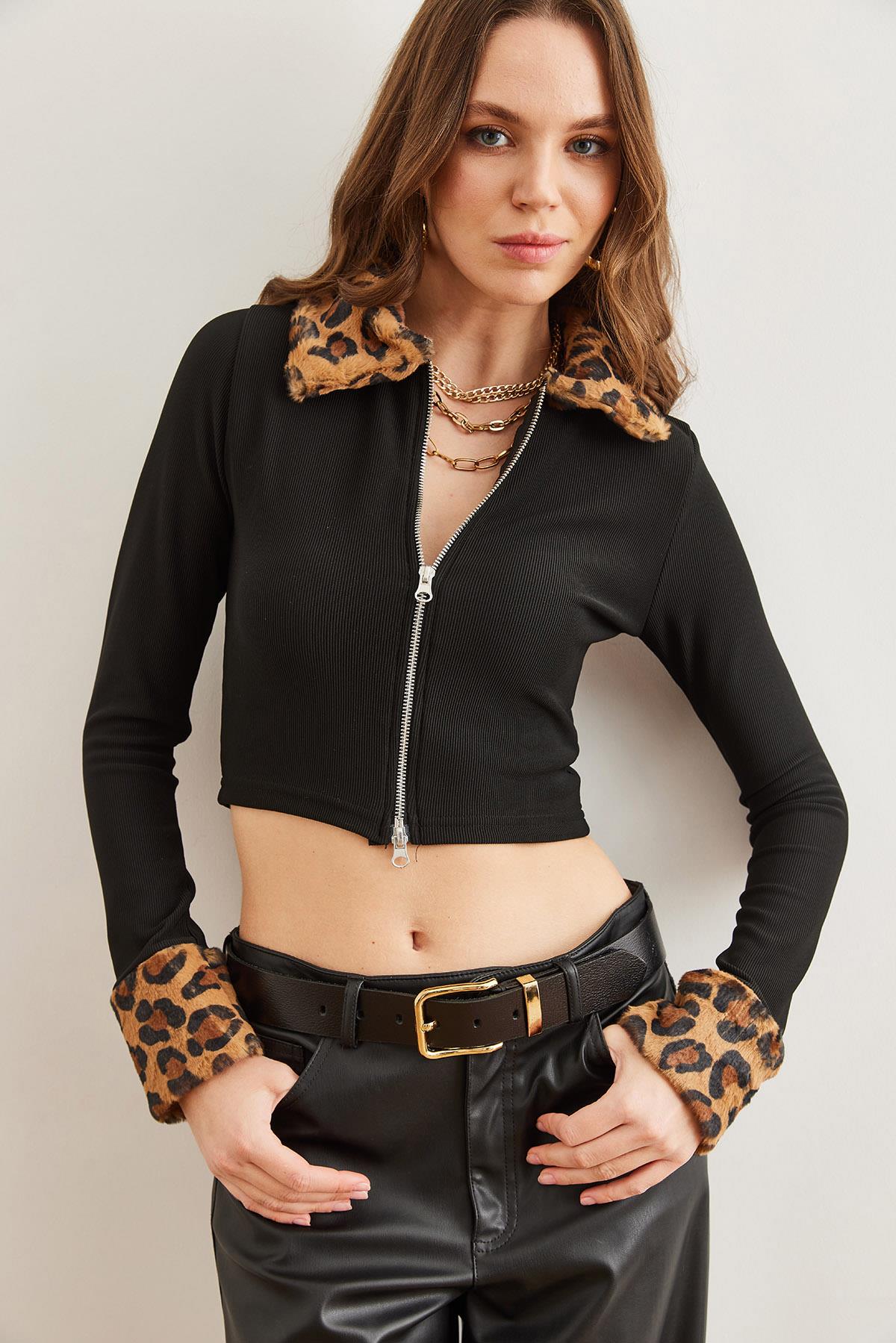 Leopar Garnili Çift Fermuarlı Crop Fitilli Bluz Siyah