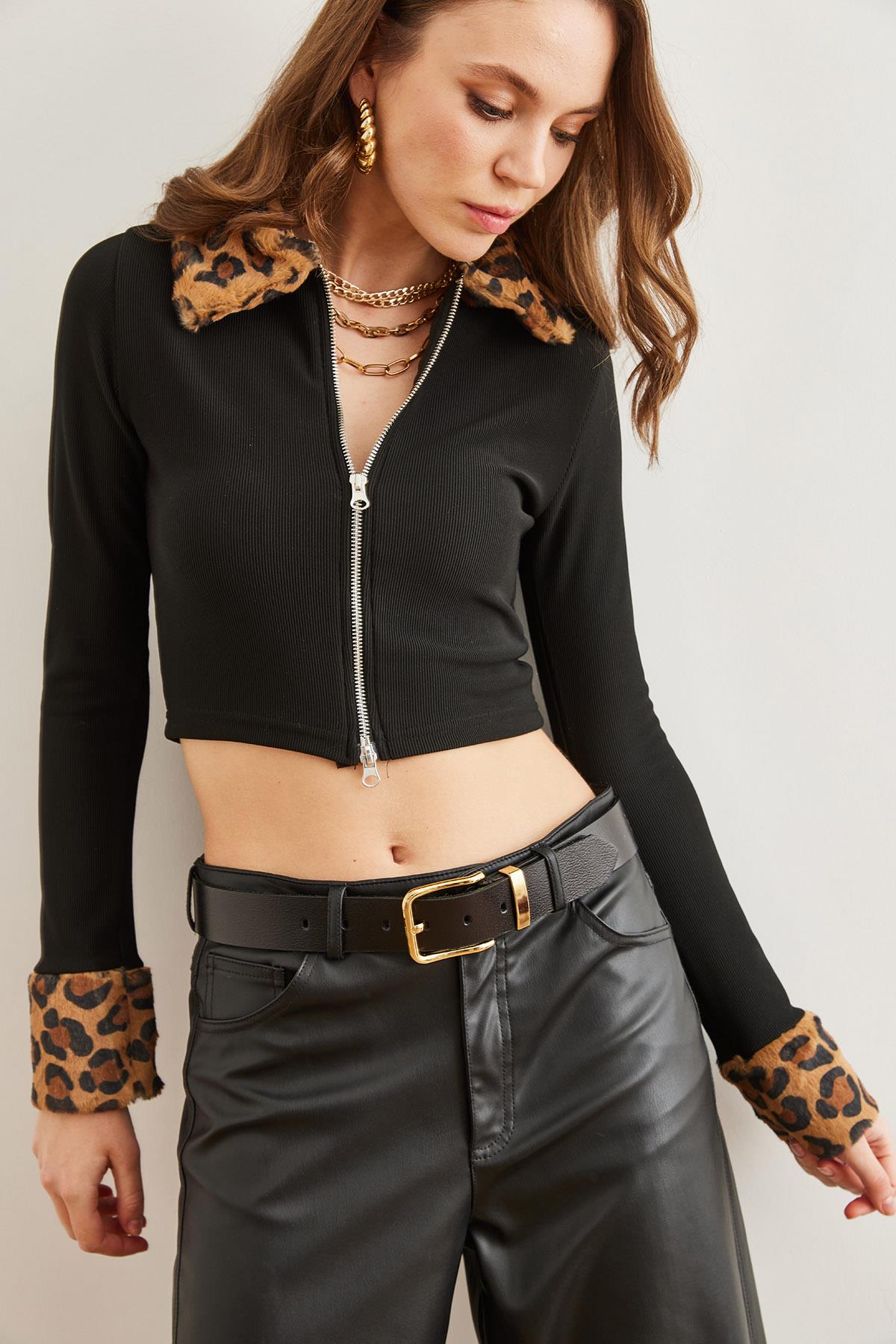 Leopar Garnili Çift Fermuarlı Crop Fitilli Bluz Siyah