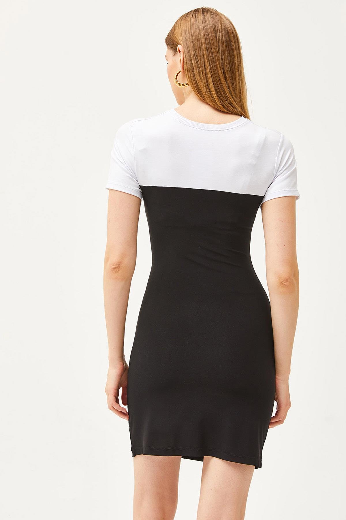 Likralı Drape Detaylı Mini Elbise Siyah Beyaz