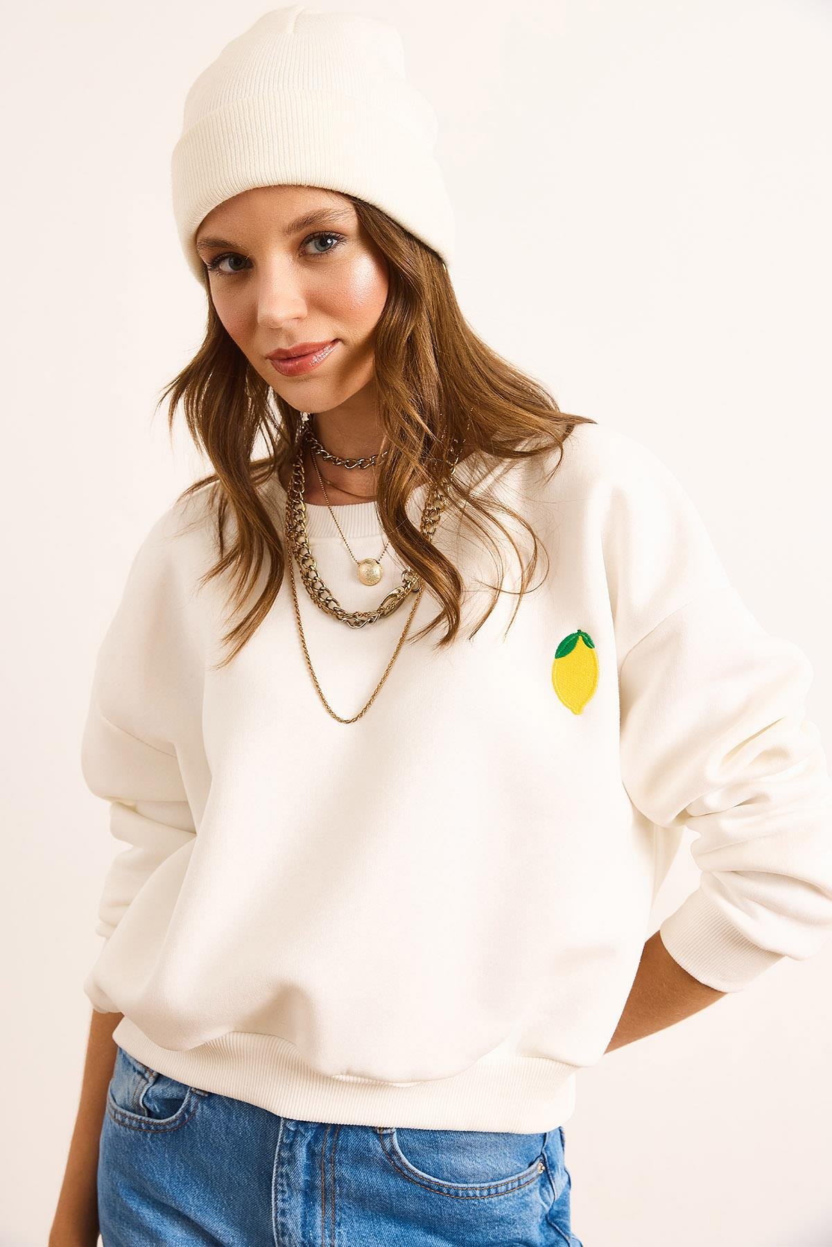 Limon Nakışlı İçi Polarlı Crop Kalın Sweatshirt Ekru
