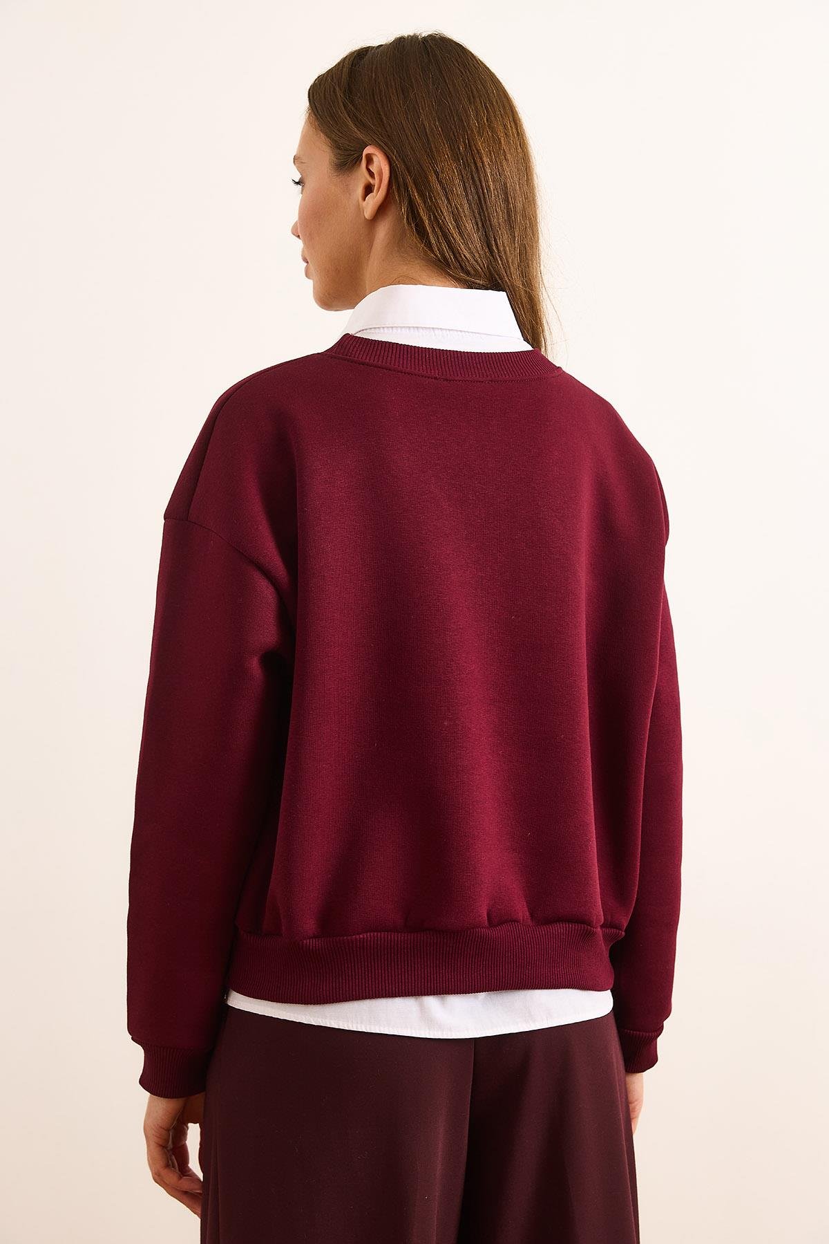Limon Nakışlı İçi Polarlı Crop Kalın Sweatshirt Bordo