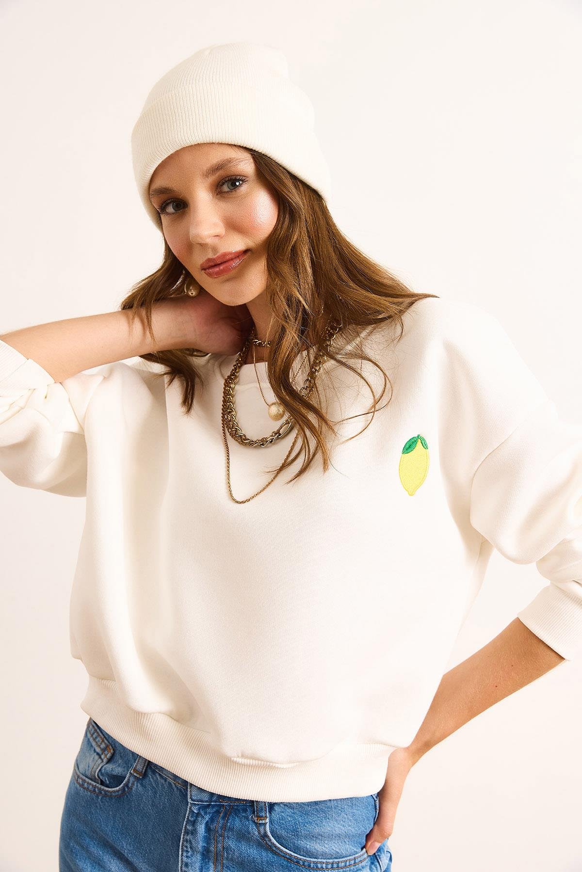 Limon Nakışlı İçi Polarlı Crop Kalın Sweatshirt Ekru
