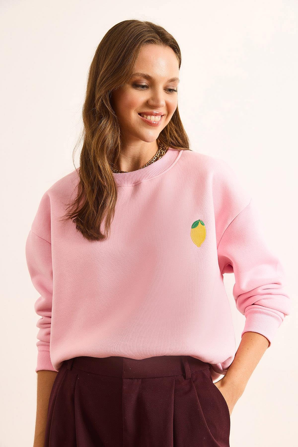 Limon Nakışlı İçi Polarlı Crop Kalın Sweatshirt Şeker Pembe