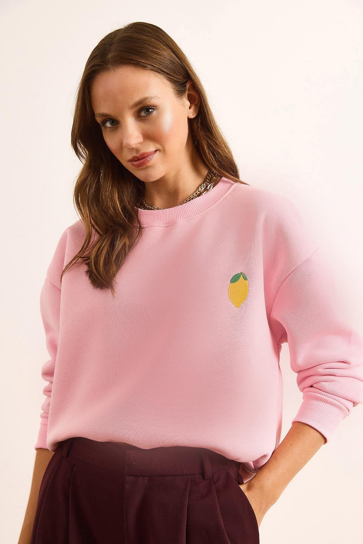 Limon Nakışlı İçi Polarlı Crop Kalın Sweatshirt Şeker Pembe
