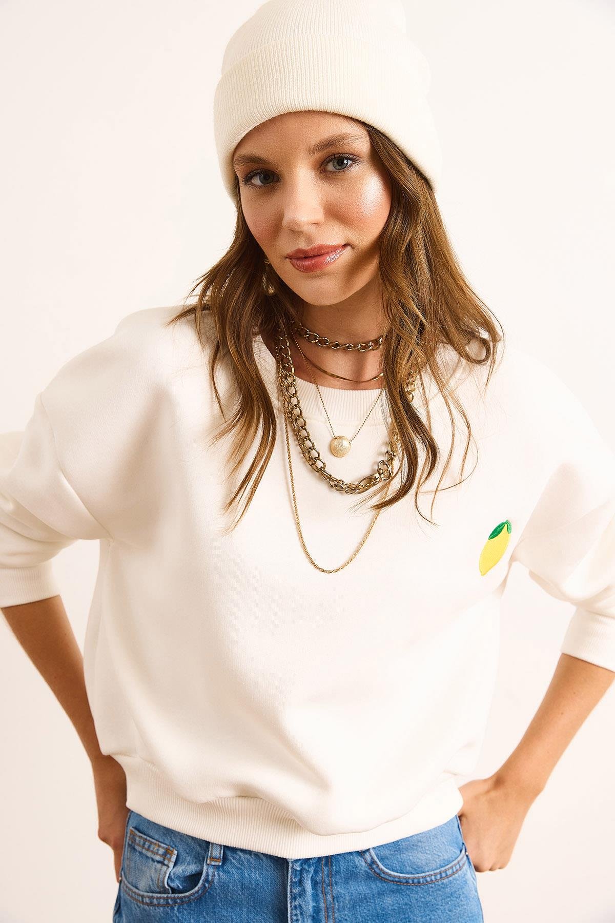 Limon Nakışlı İçi Polarlı Crop Kalın Sweatshirt Ekru