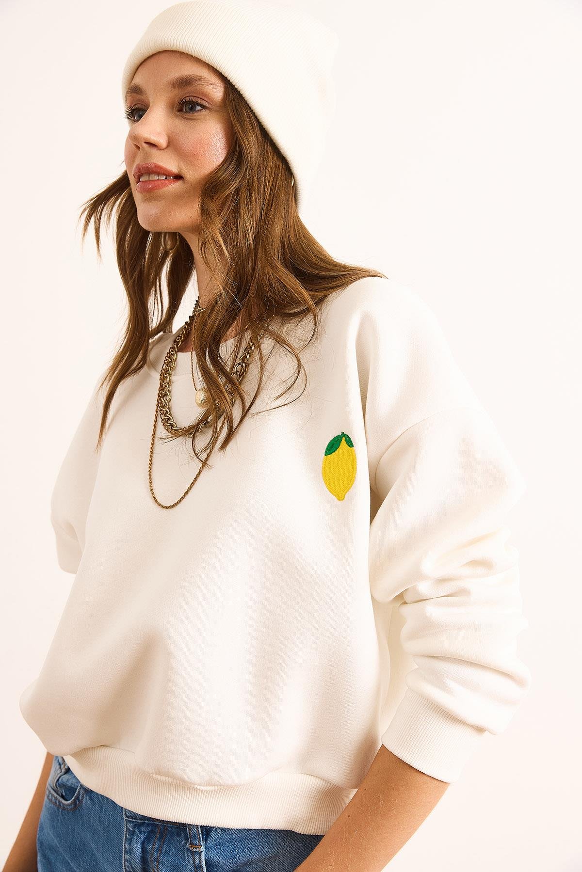 Limon Nakışlı İçi Polarlı Crop Kalın Sweatshirt Ekru