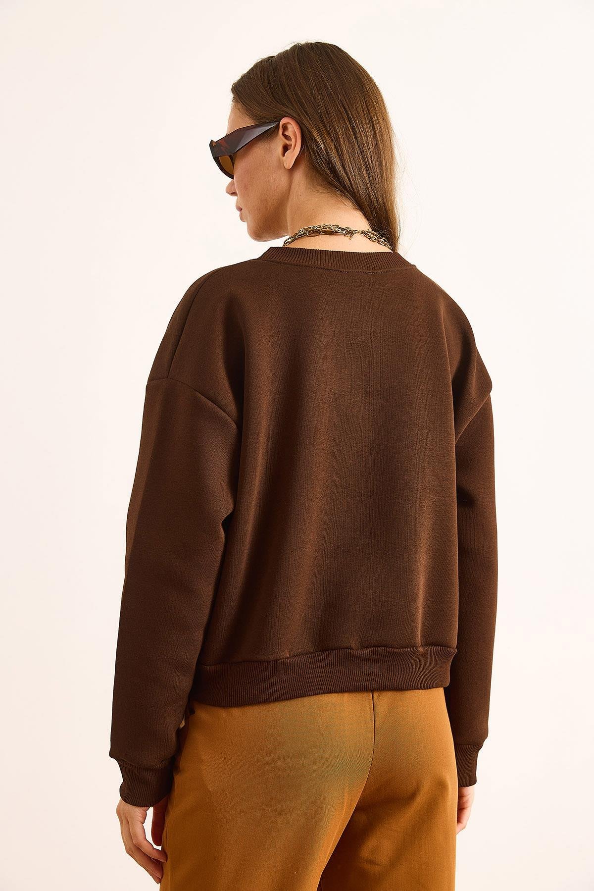 Limon Nakışlı İçi Polarlı Crop Kalın Sweatshirt Kahverengi