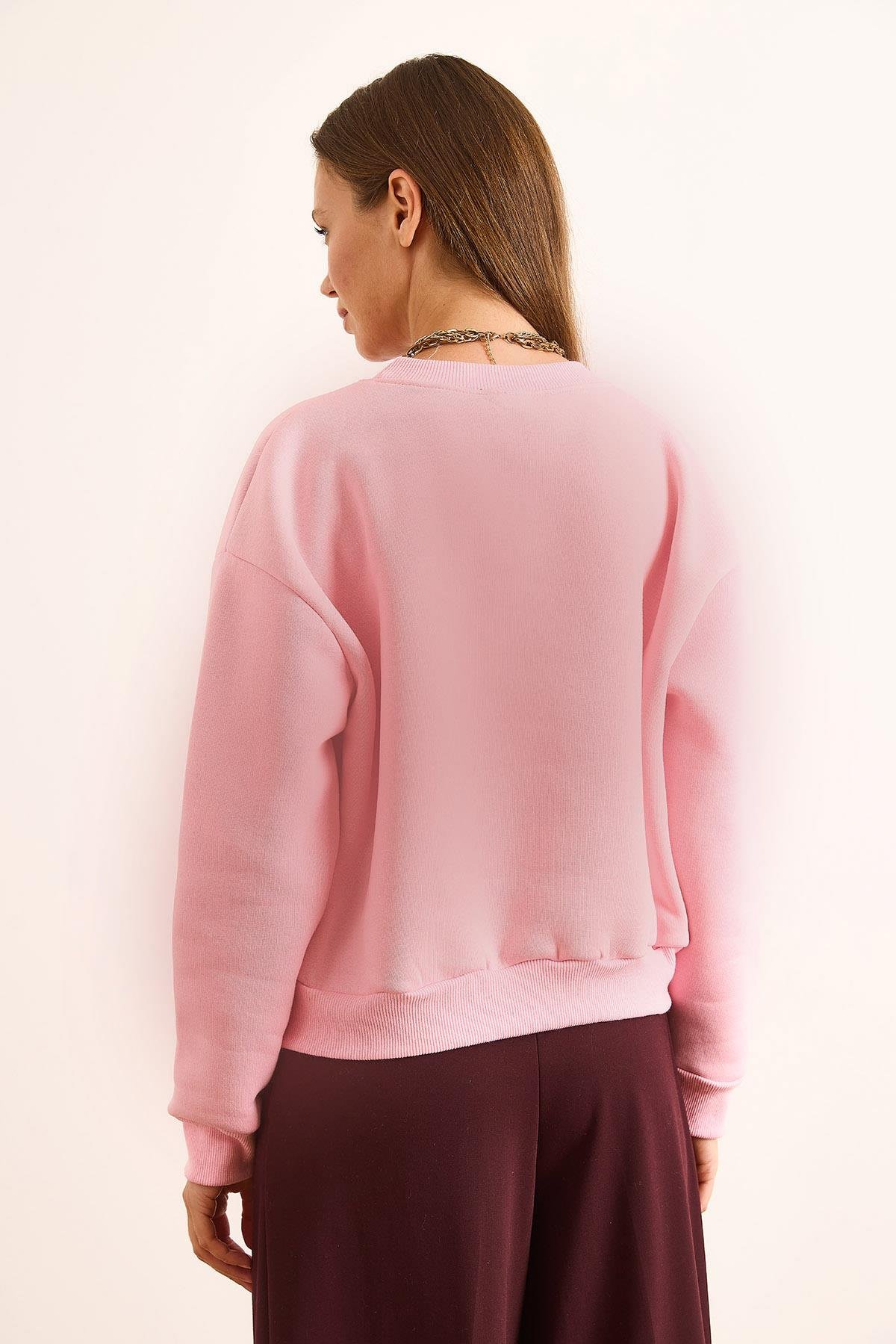 Limon Nakışlı İçi Polarlı Crop Kalın Sweatshirt Şeker Pembe