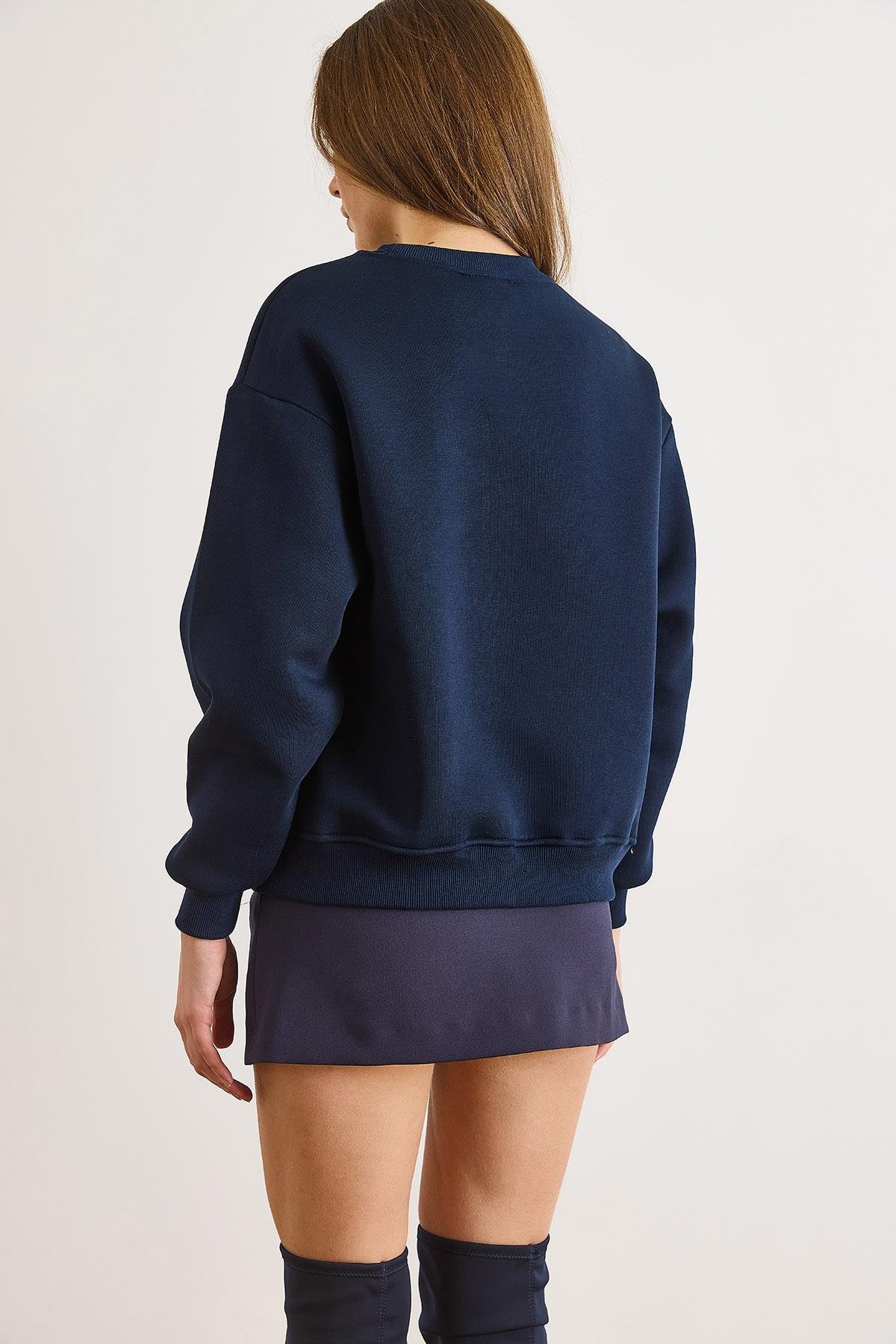 London Nakışlı Şardonlu Kalın Sweatshirt Lacivert