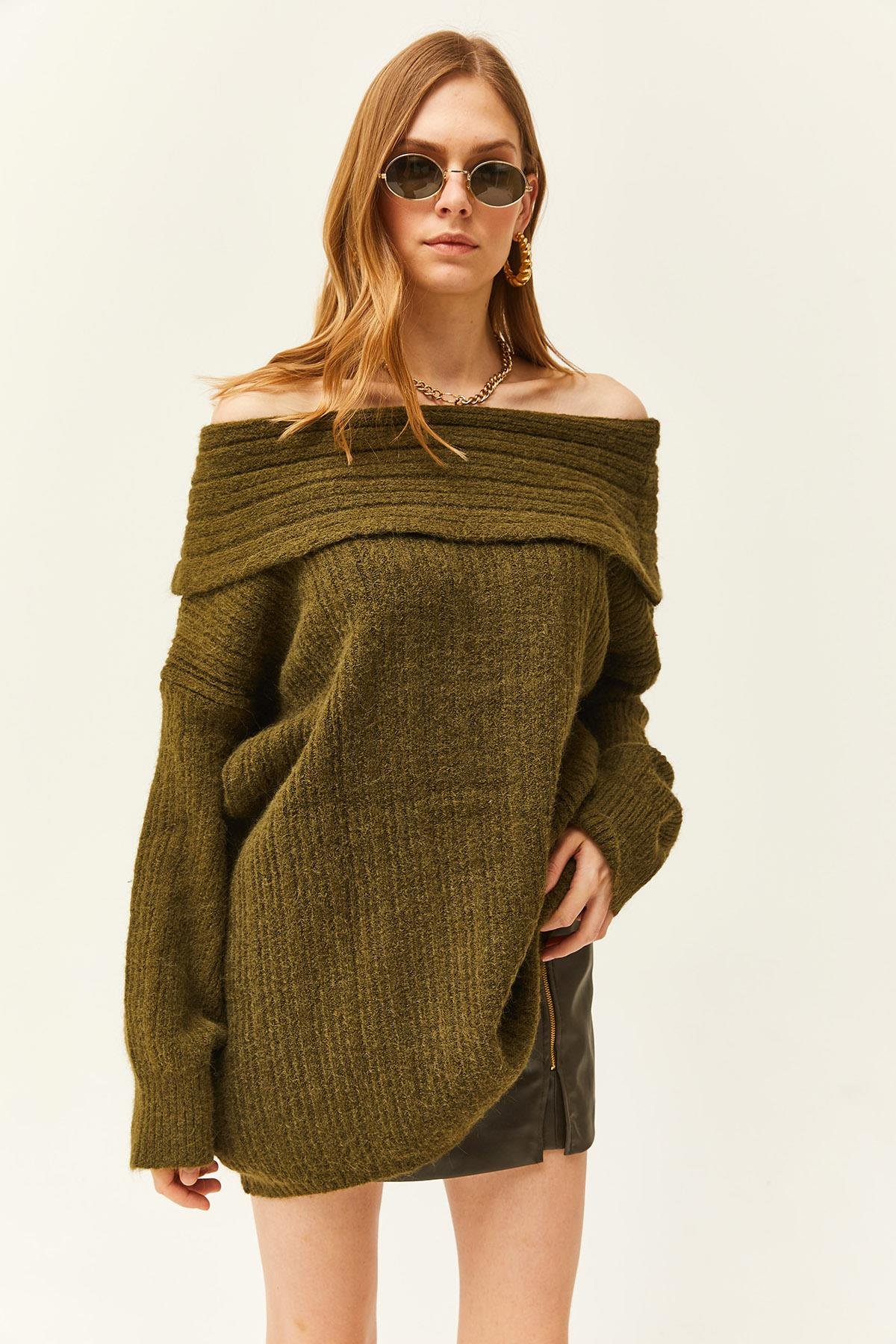 Madonna Yaka Fitilli Salaş Triko Kazak Haki
