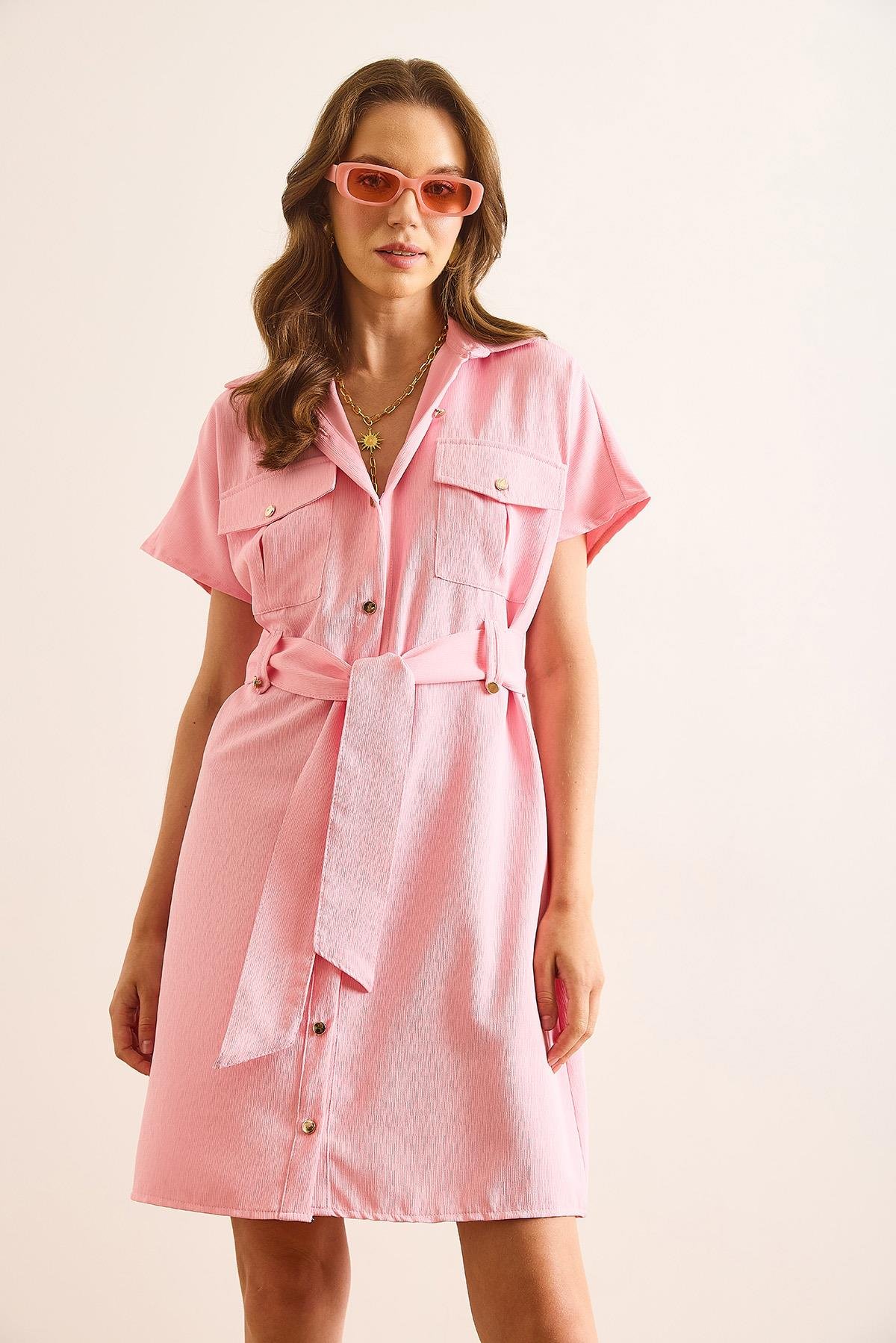 Marta Kuşaklı Cepli Mini Dokuma Gömlek Elbise Pembe