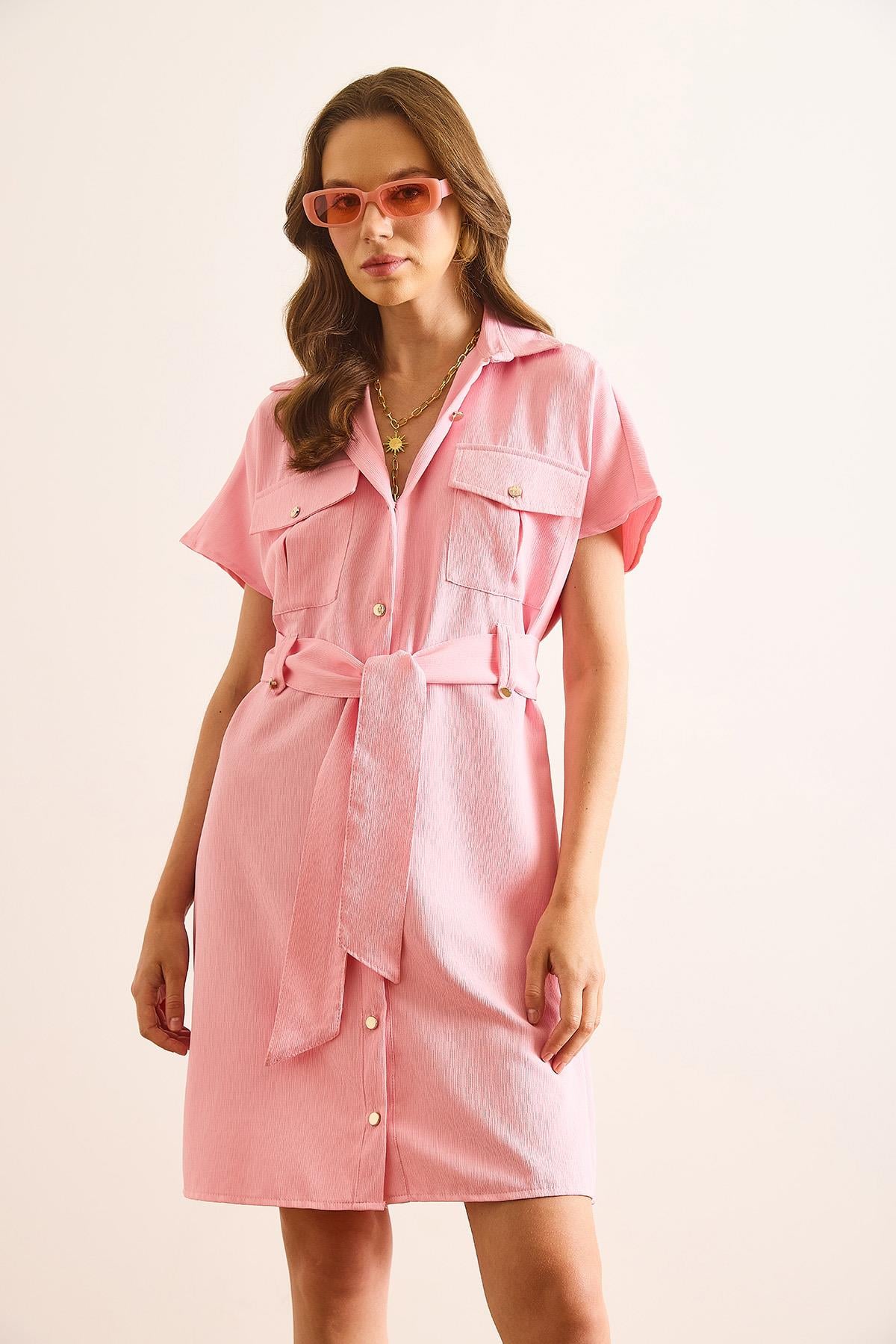 Marta Kuşaklı Cepli Mini Dokuma Gömlek Elbise Pembe
