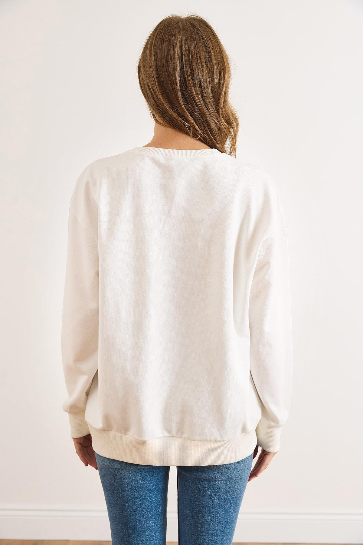 Martı Palmiye Nakışlı Şardonsuz Kalın Sweatshirt Beyaz
