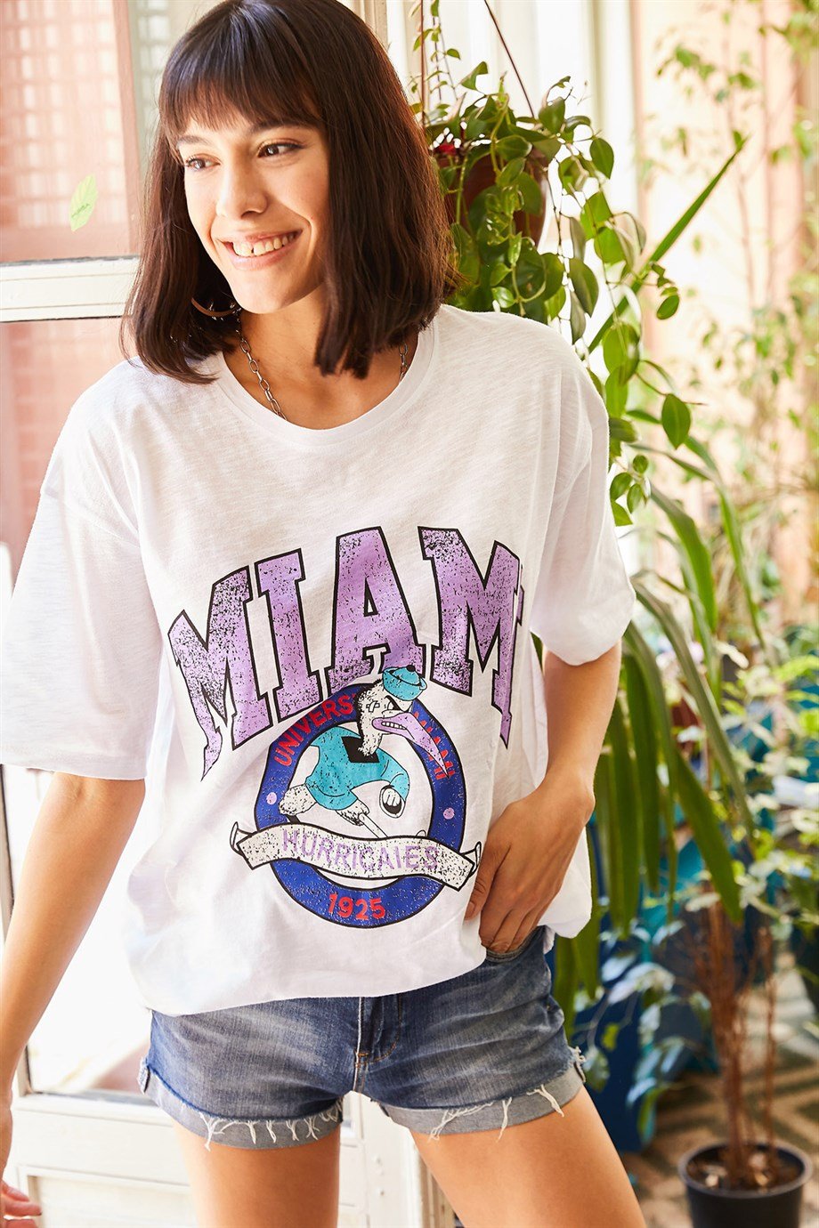 Miami Baskılı Tişört Ekru