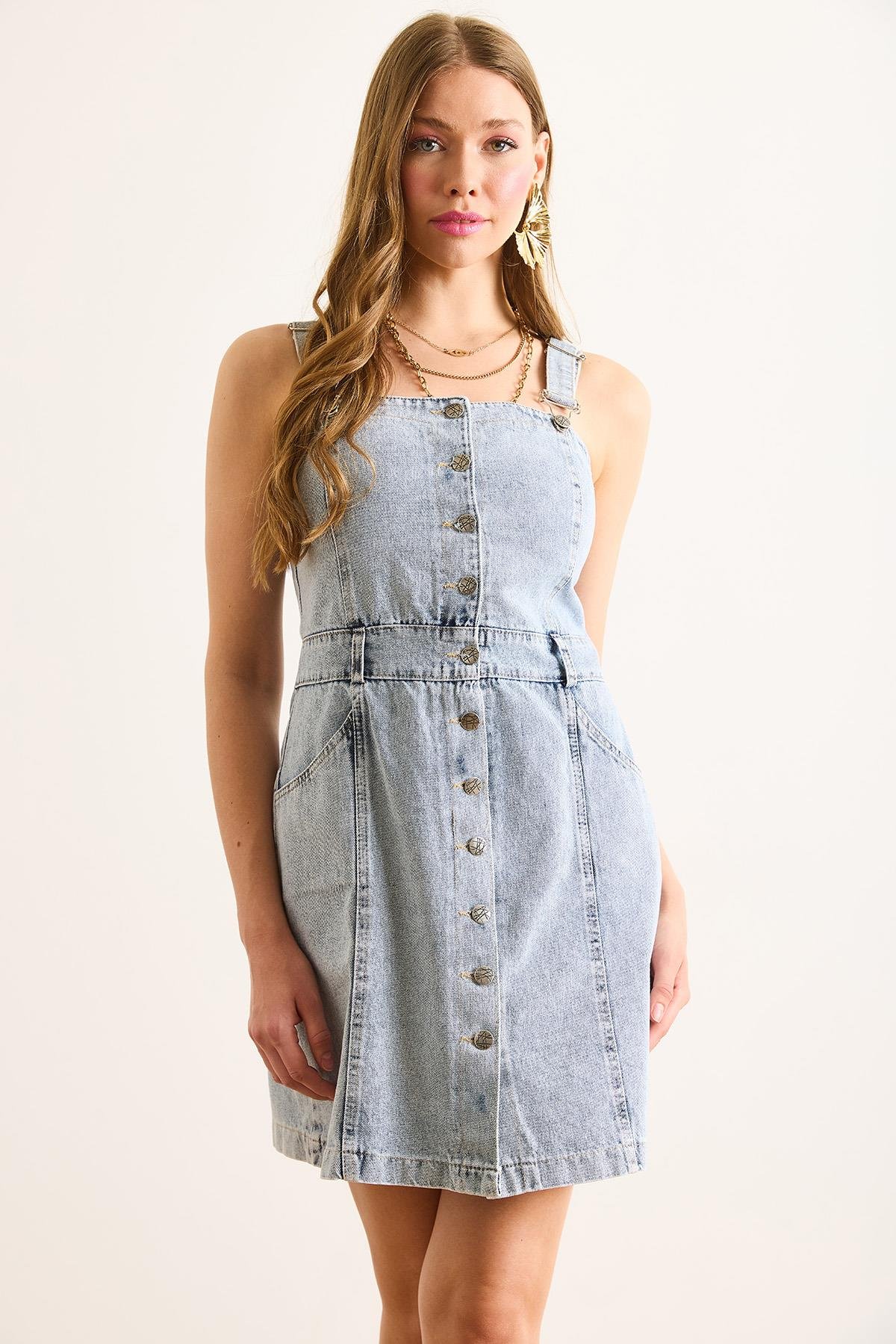 Mini Cepli Denim Salopet Elbise Açık Mavi