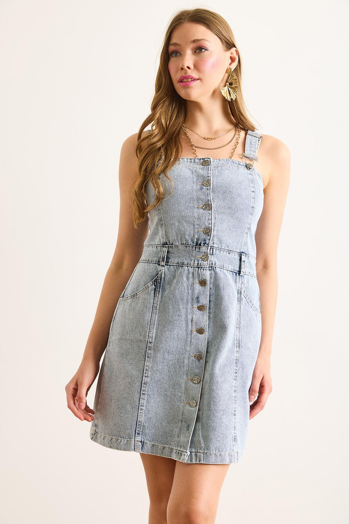 Mini Cepli Denim Salopet Elbise Açık Mavi