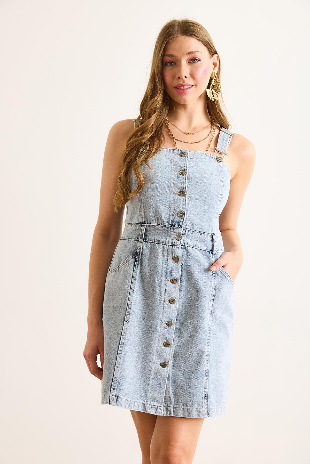 Mini Cepli Denim Salopet Elbise Açık Mavi