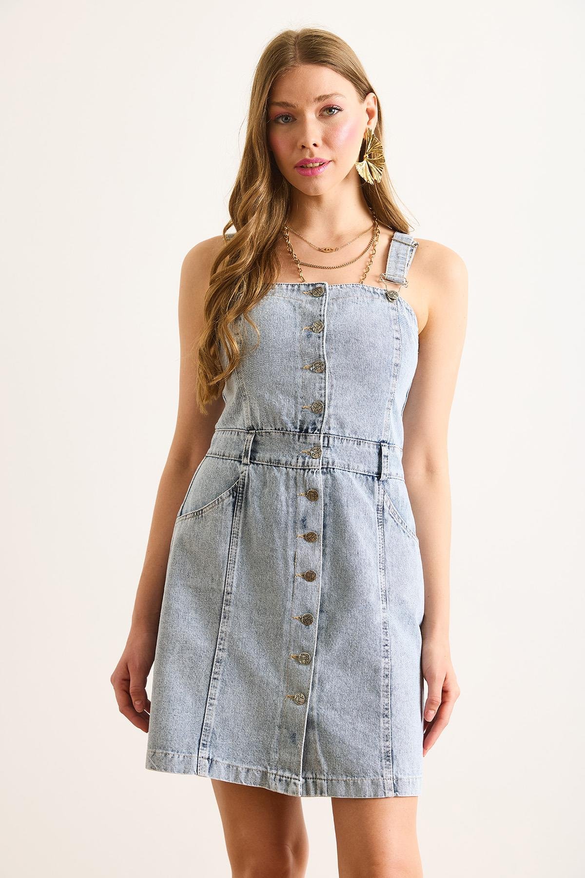 Mini Cepli Denim Salopet Elbise Açık Mavi